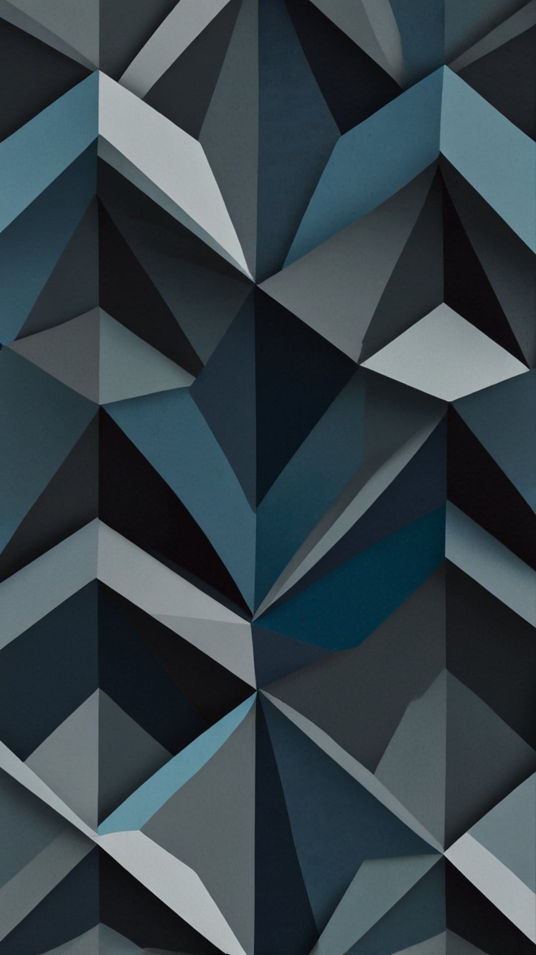 Sharp geometric prisms in shades of navy blue and charcoal gray form a layered 3D architectural abstract pattern.