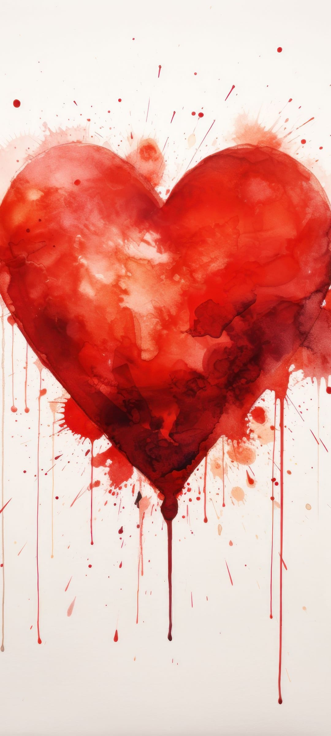 Crimson heart with vertical paint drips and fine splatters centered against a white, minimalist background.