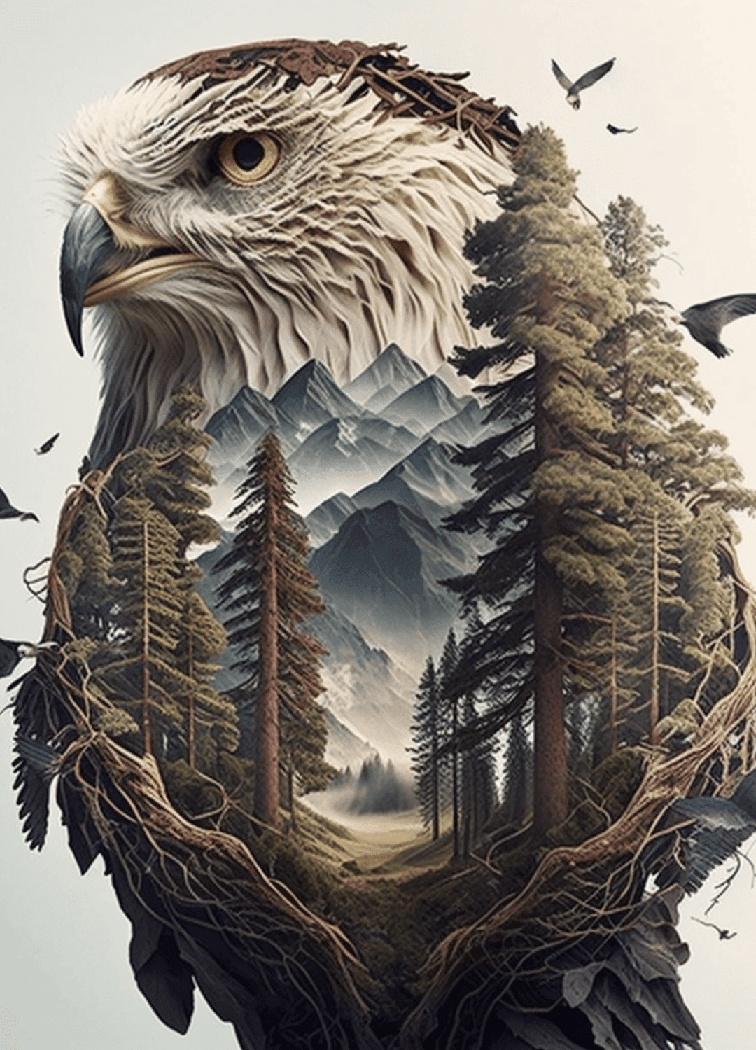 Eagle head silhouette featuring a dense pine forest and fog-covered mountains under a soft, overcast gray sky.