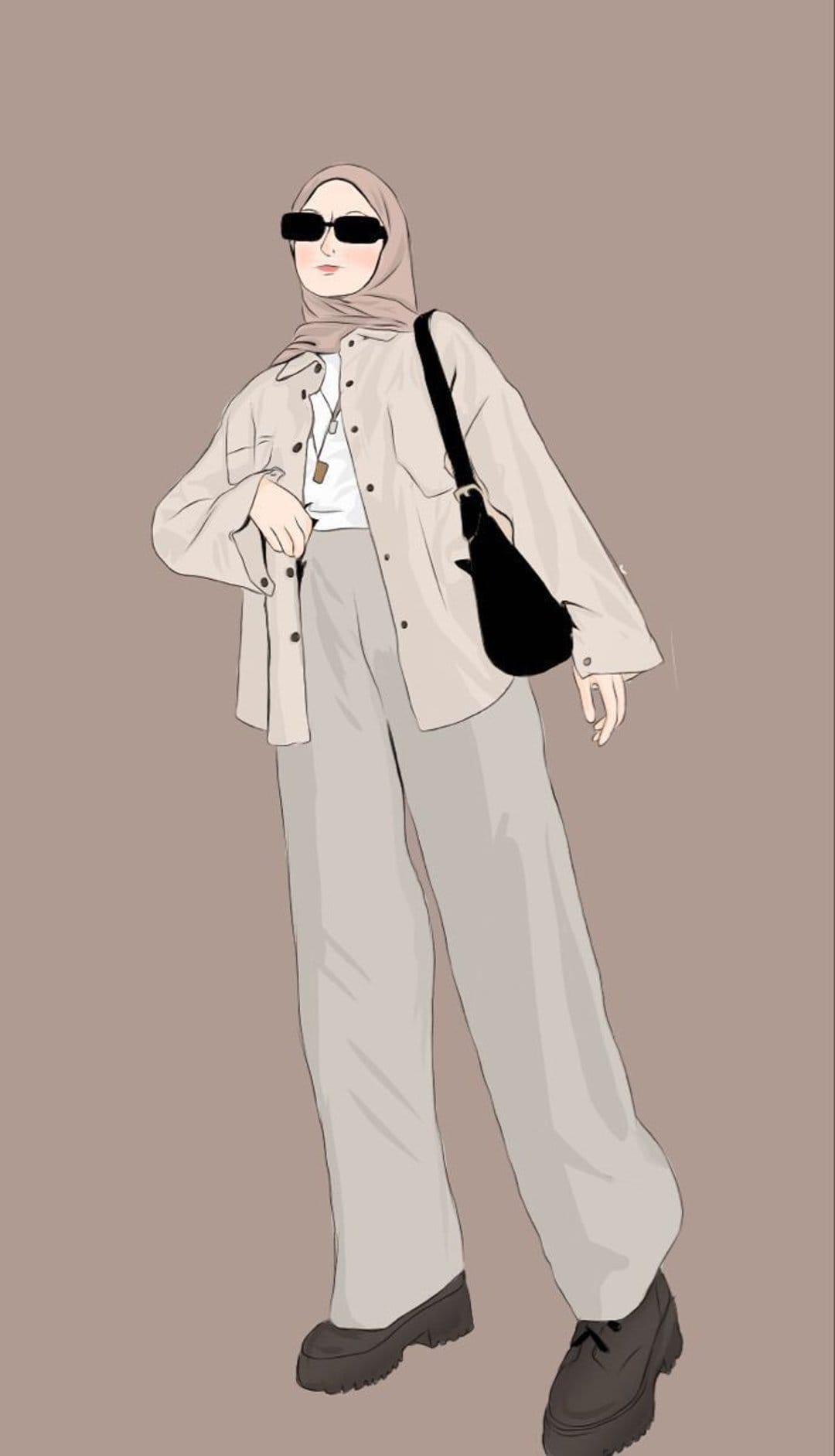 Woman in a light hijab, oversized shirt, and wide-leg pants wearing sunglasses and a black crossbody bag.