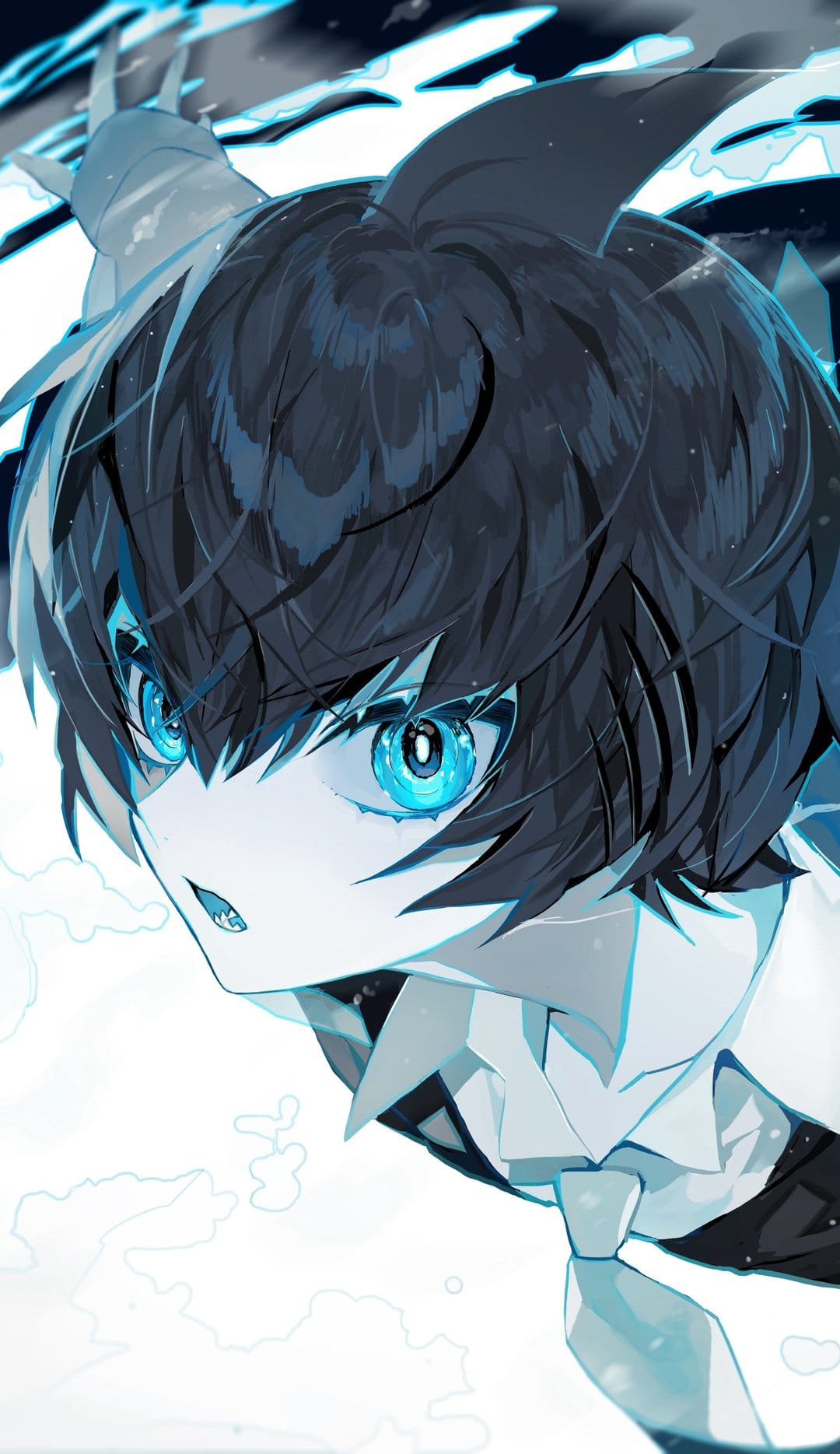 Dark-haired boy with glowing blue eyes wearing a white shirt and tie against an abstract blue energy background.