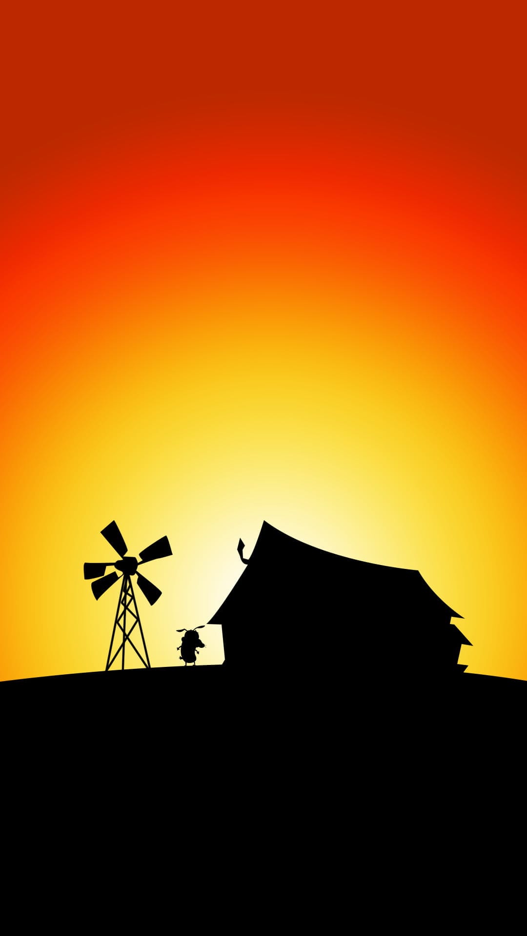 Windmill and farmhouse silhouettes against a glowing orange sunset sky with a small person near the home.