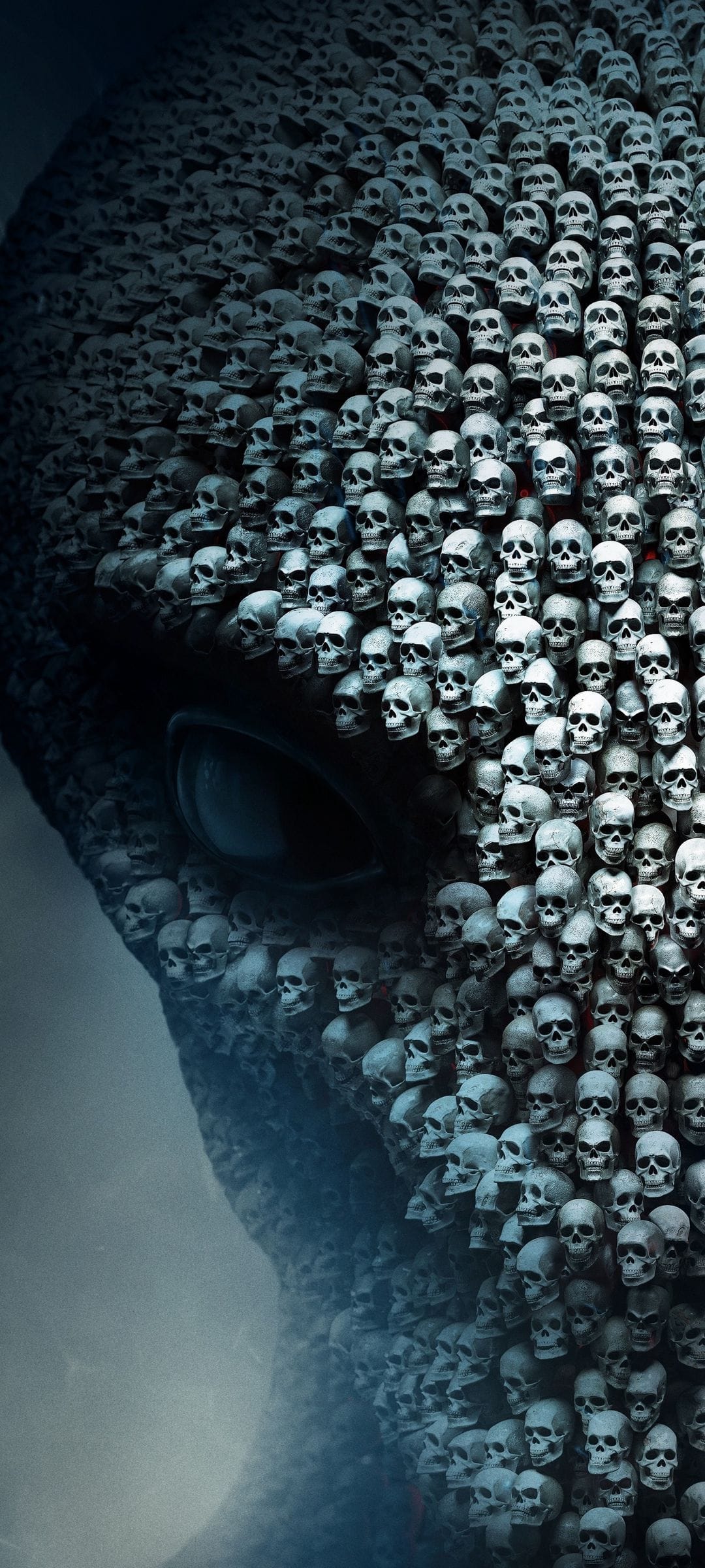 Towering alien entity with bone-covered skin peers through shadows in a dark blue and gray sci-fi atmosphere.