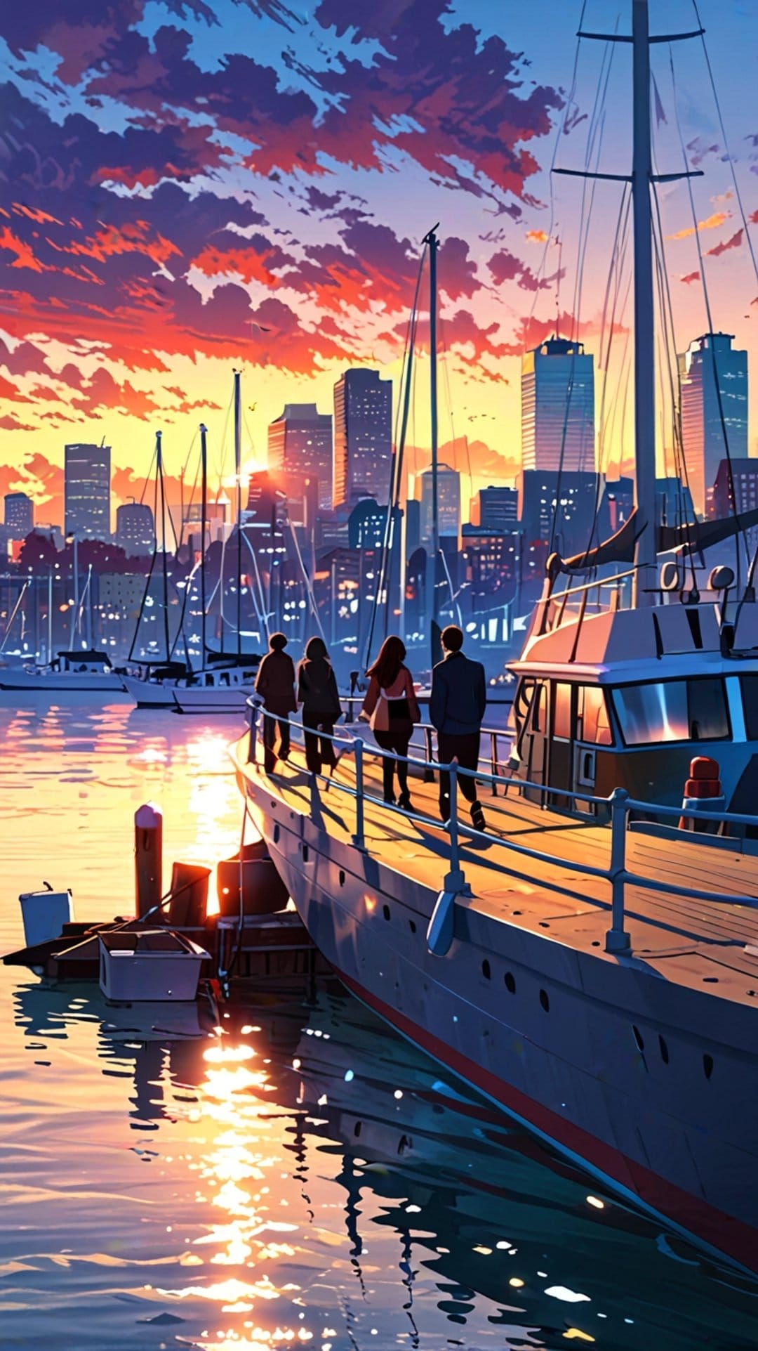 Two silhouetted figures stand on a boat deck overlooking a purple and orange sunset above a city harbor and marina.