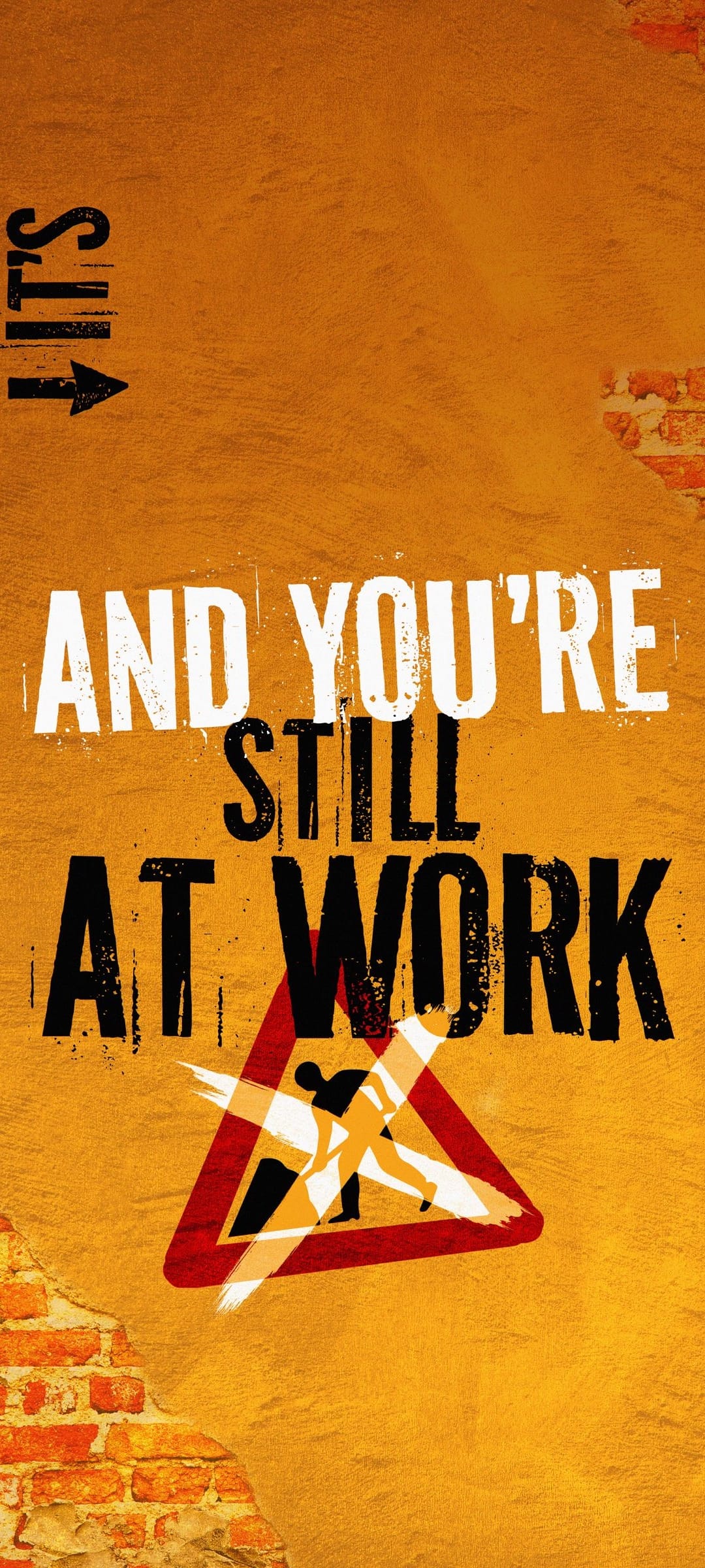 Construction worker warning symbol above white typography on a vibrant grainy orange textured phone background.