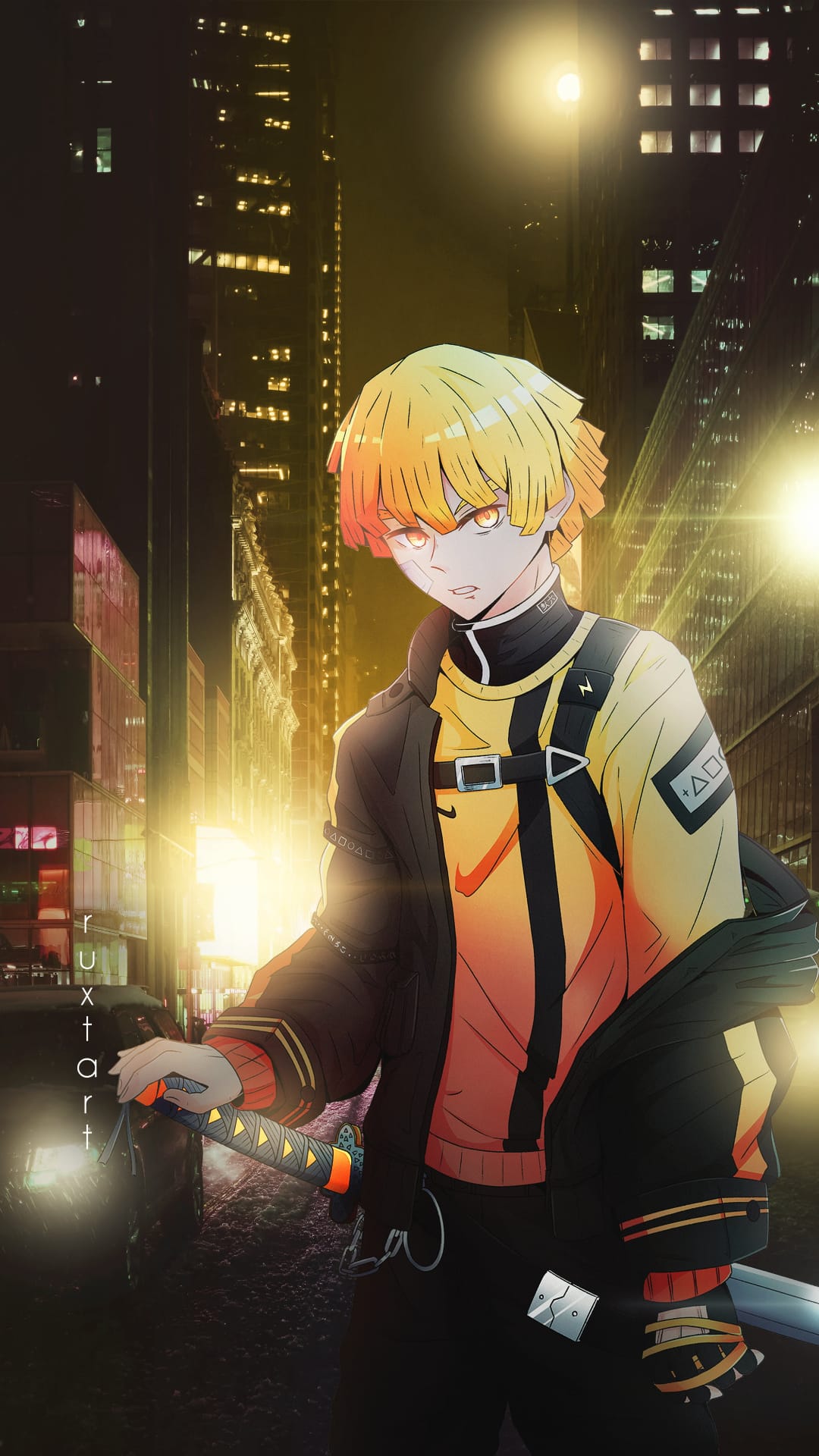 Blonde anime boy in a yellow jacket holds a katana while standing on a glowing city street at night.