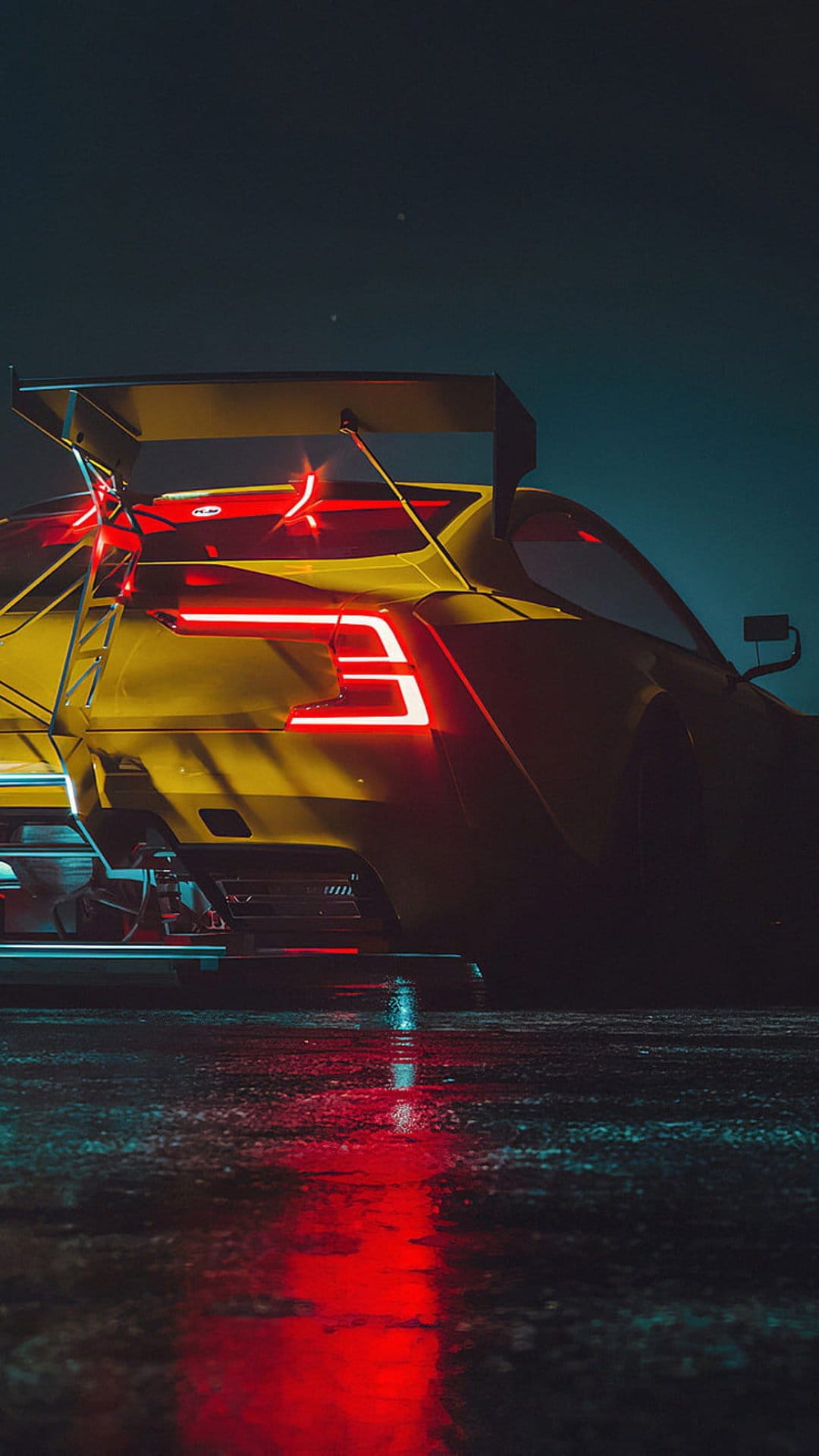 Yellow racing car with glowing red taillights parked on a reflective wet road at night with sharp rear spoiler.