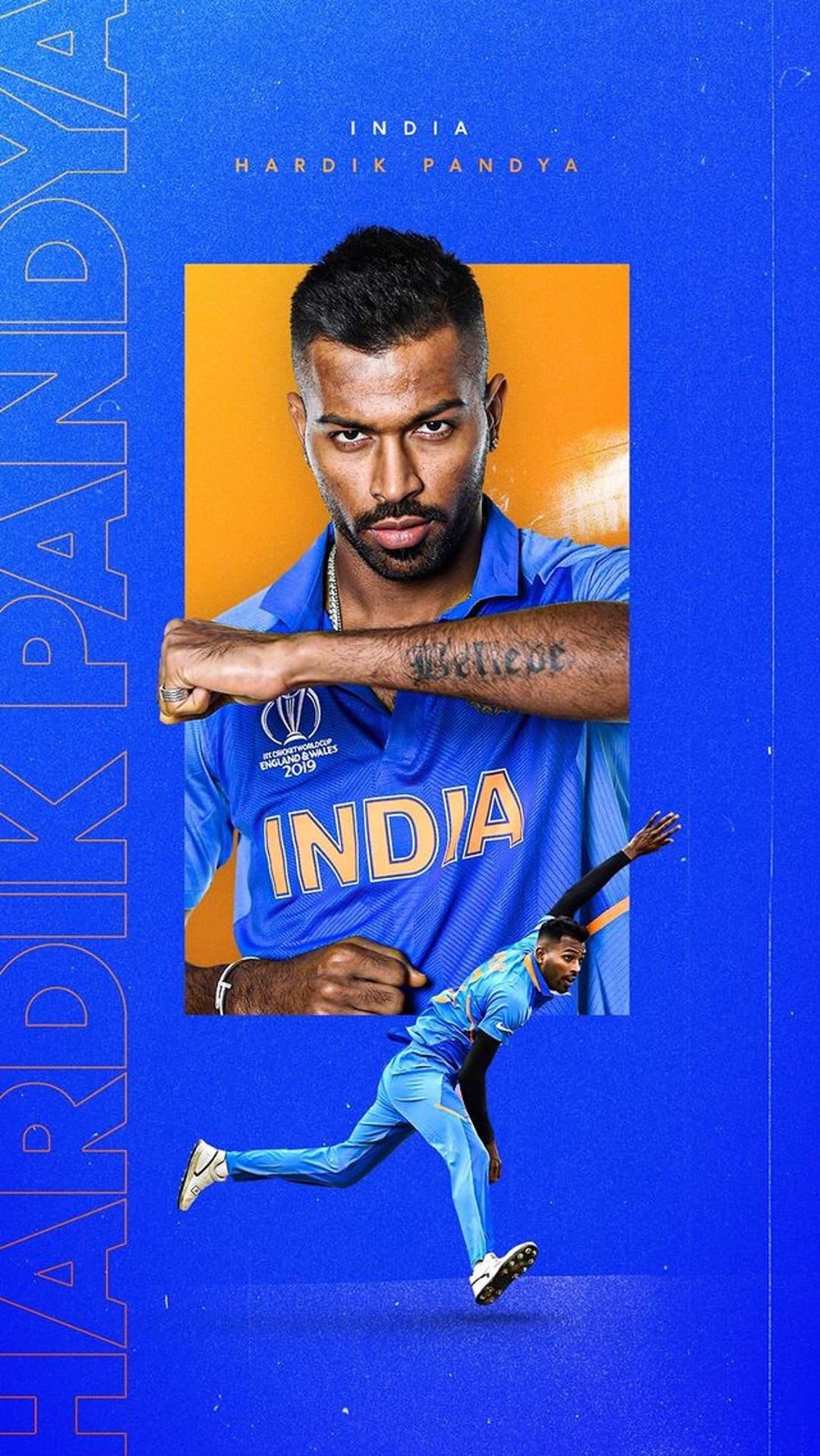 Hardik Pandya in a blue India jersey flexes his fist above an action shot of him bowling on a blue background.