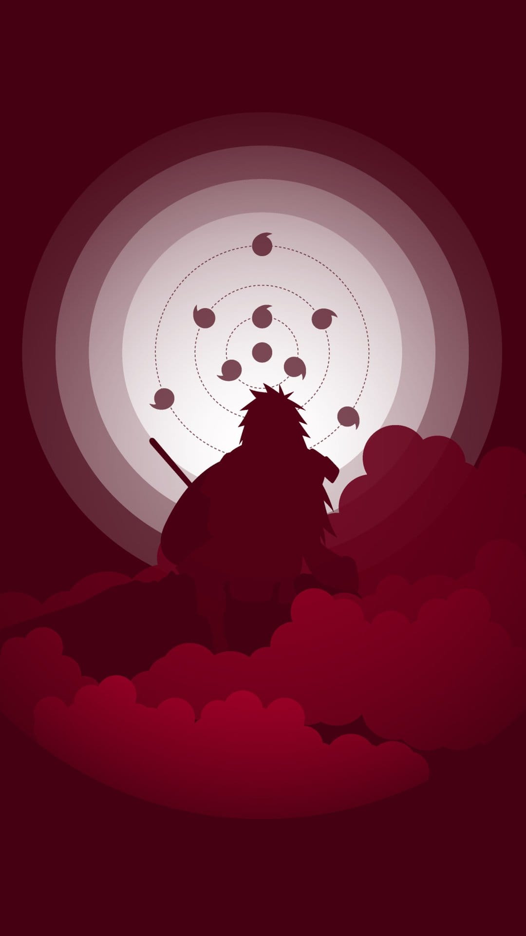 Madara Uchiha silhouette stands against a red sky with dark clouds and the iconic Rinne Sharingan eye pattern.