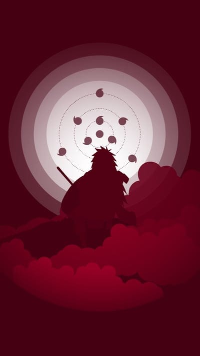 Madara Uchiha, silhouette, Rinne Sharingan, Naruto, anime villain, minimalist art, red aesthetic, ominous, powerful, ninja legend, dark clouds, manga art, iconic character, Uchiha clan, digital illustration