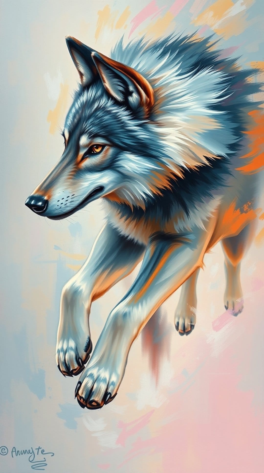 Wolf jumping mid-air with white fur, glowing blue highlights, and orange sparks against a blurred background.