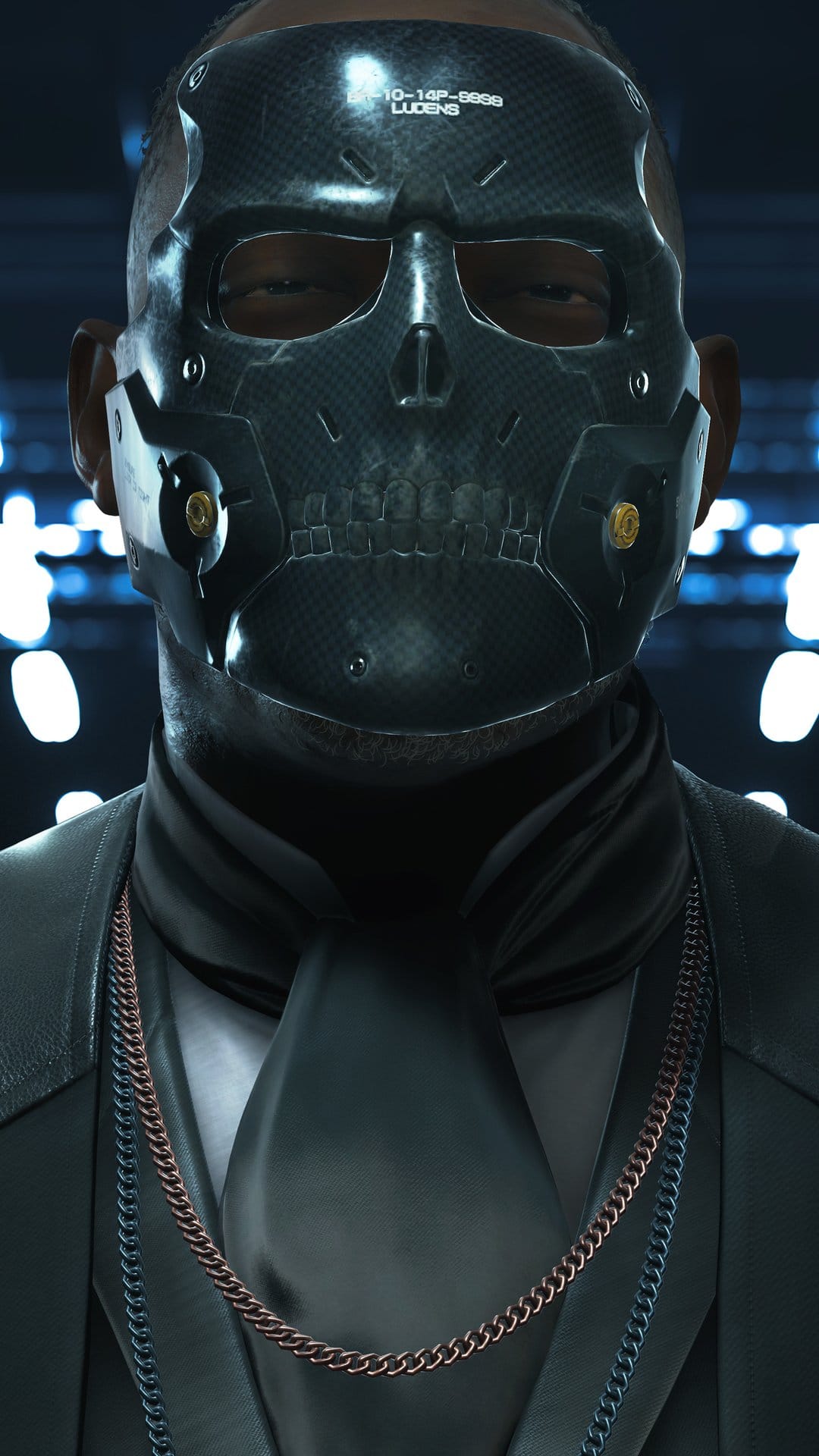 Man wearing a carbon fiber skull mask and black suit with a copper chain against blurry blue lights.