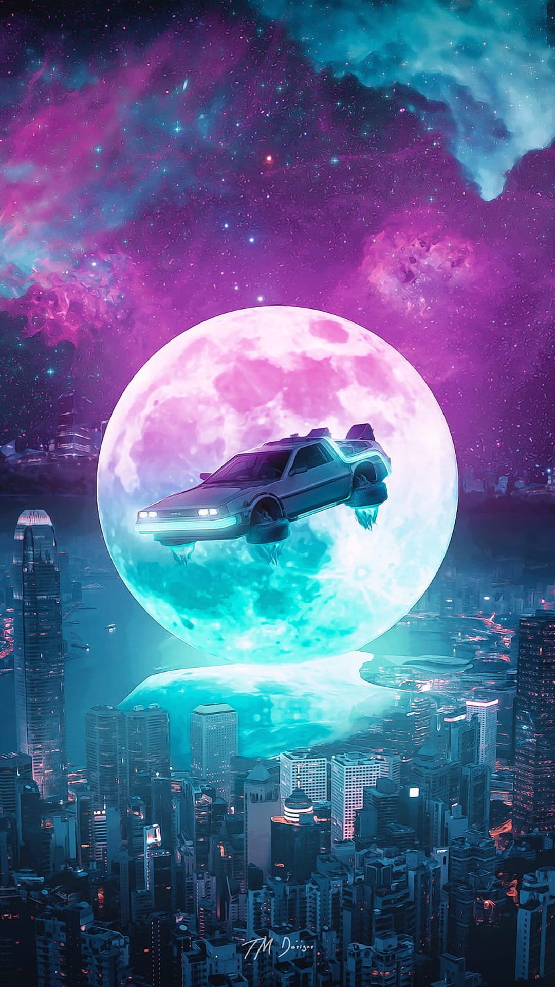 Flying silver hovercar soaring over a neon-lit city under a swirling purple and blue cosmic nebula.