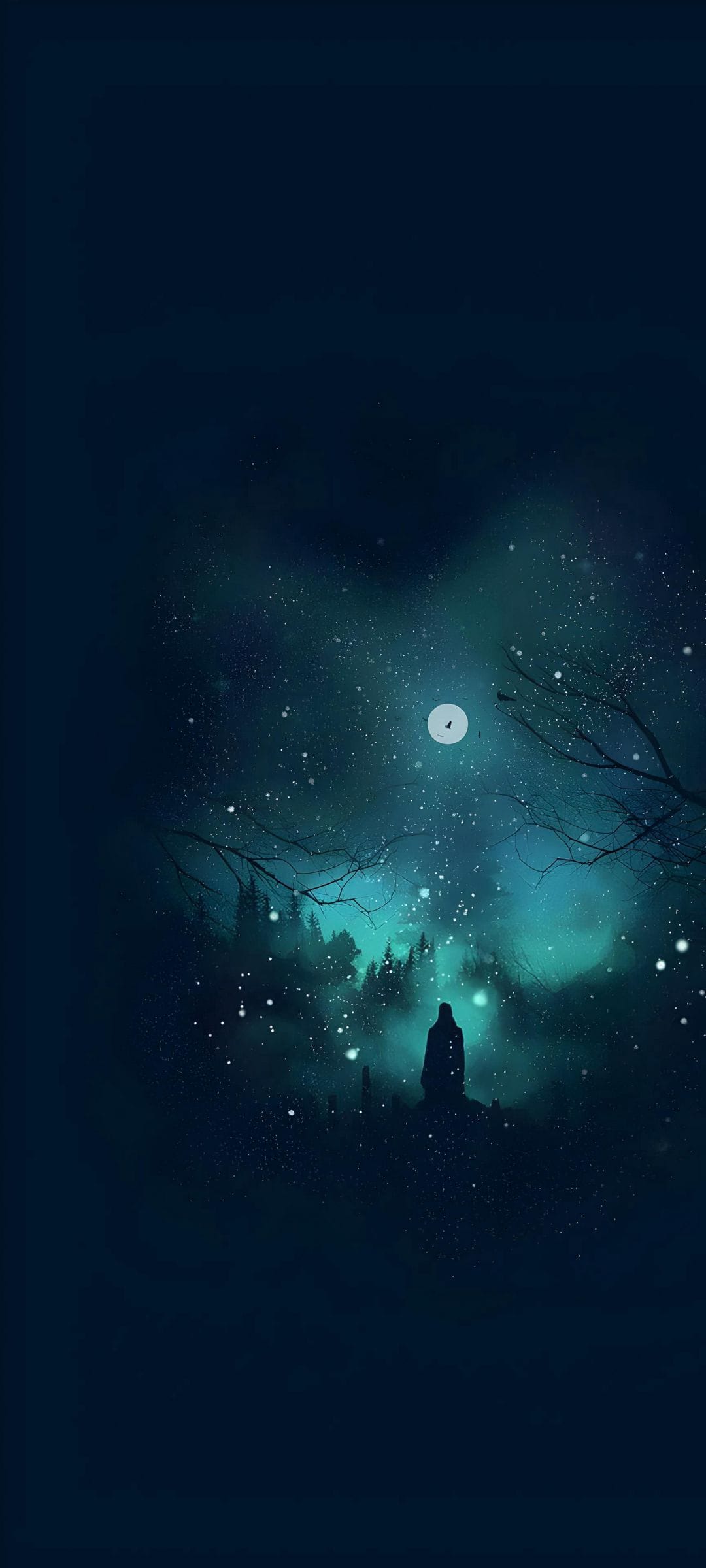 Lone silhouetted person stands before a glowing turquoise night sky, full moon, and dark evergreen forest treeline.