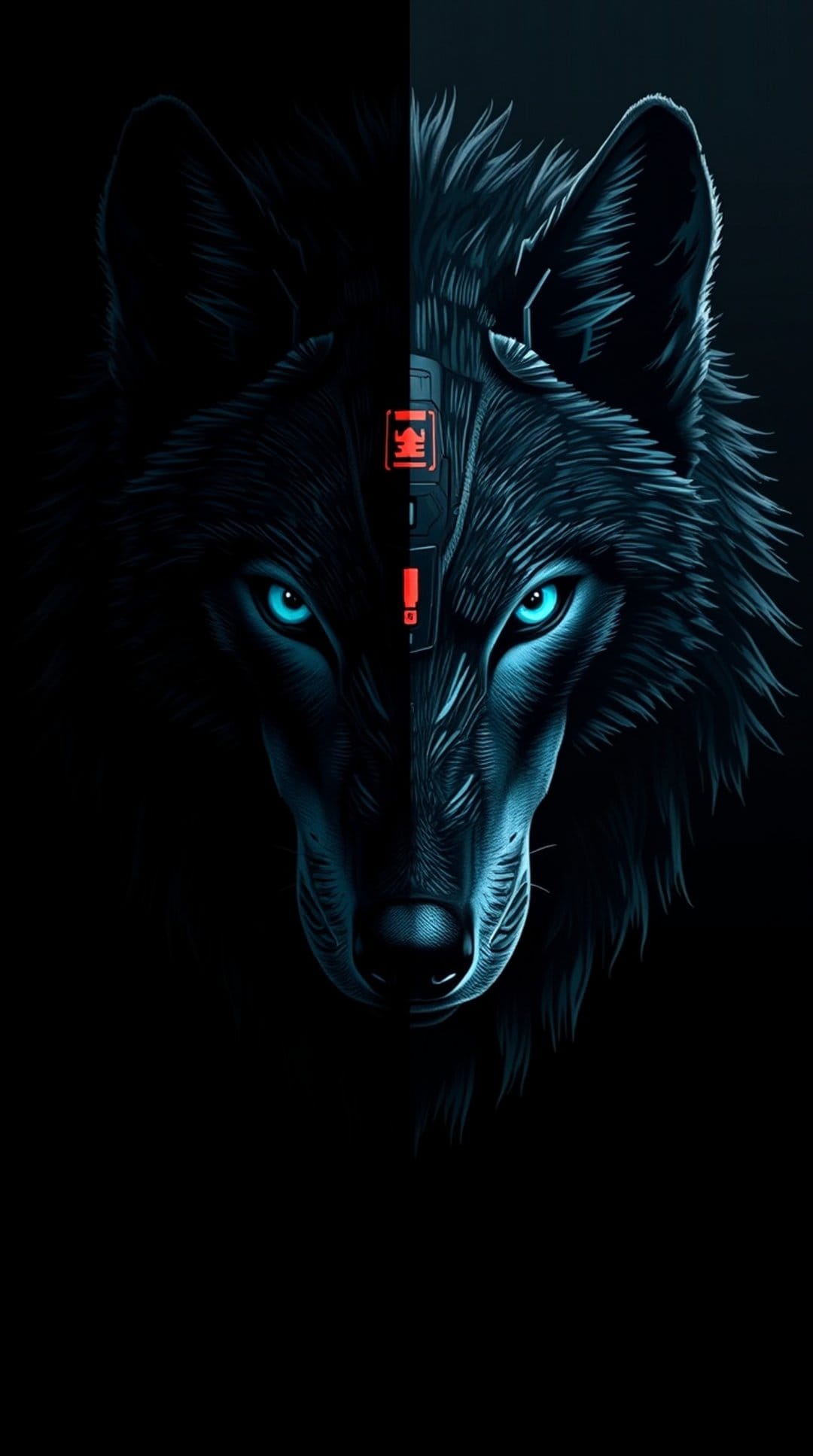 Wolf head with a split face showing natural fur and a mechanical cybernetic eye on a solid black background.