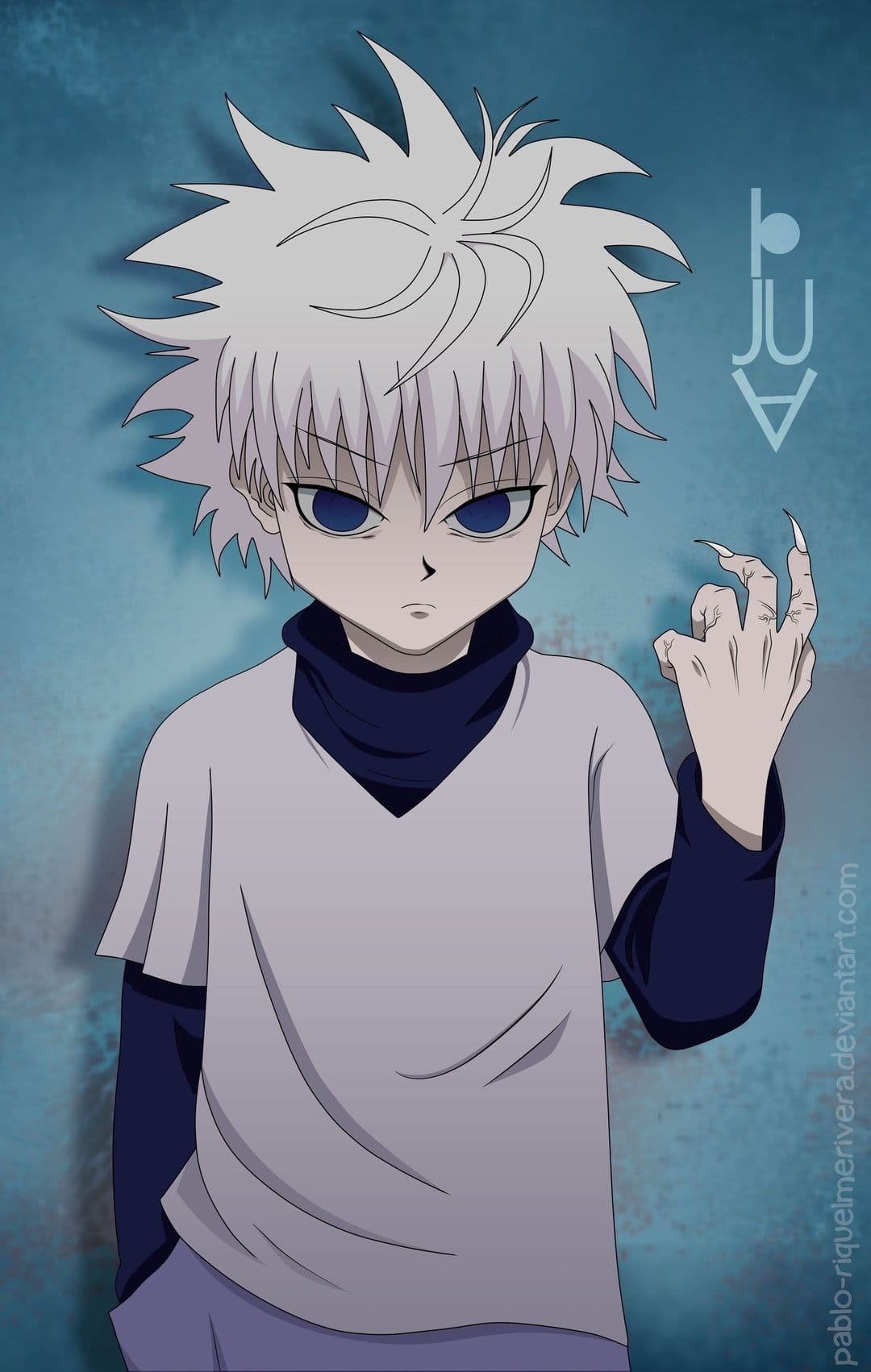 Killua Zoldyck with white spiky hair, glowing blue eyes, and sharp claws wears a turtleneck and purple pants.