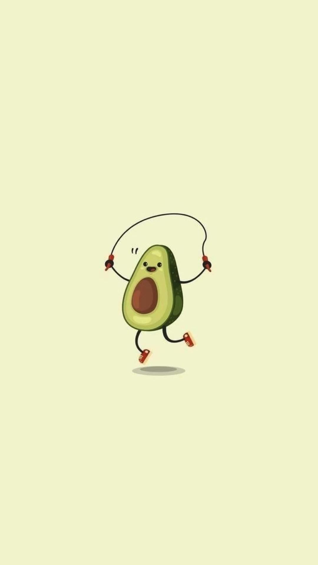 Jumping avocado character holding a jump rope mid-air against a solid pale yellow backdrop for phone screens.