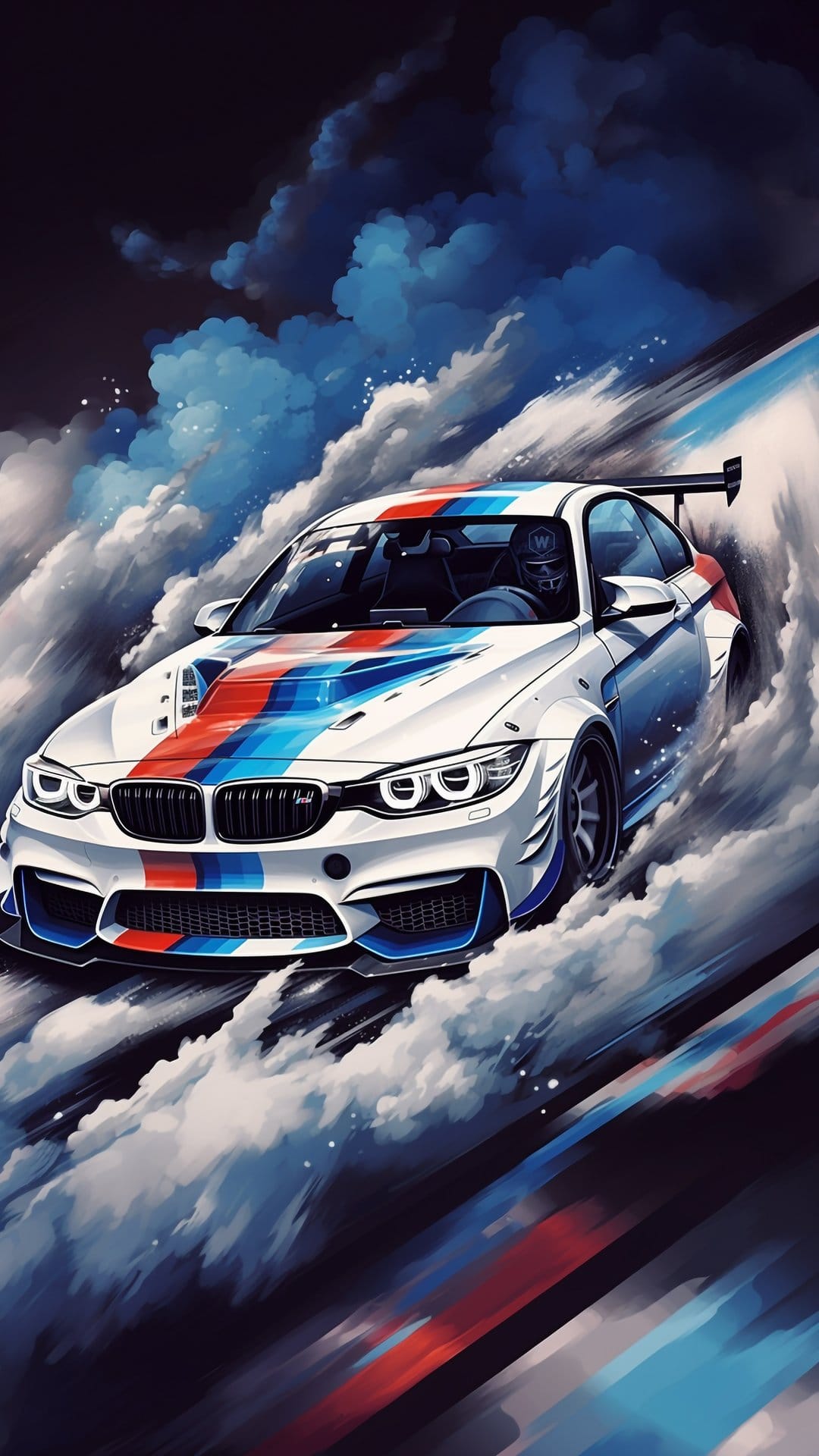 White BMW M car with racing stripes speeds through dark swirling clouds and colorful mist on a vertical screen.