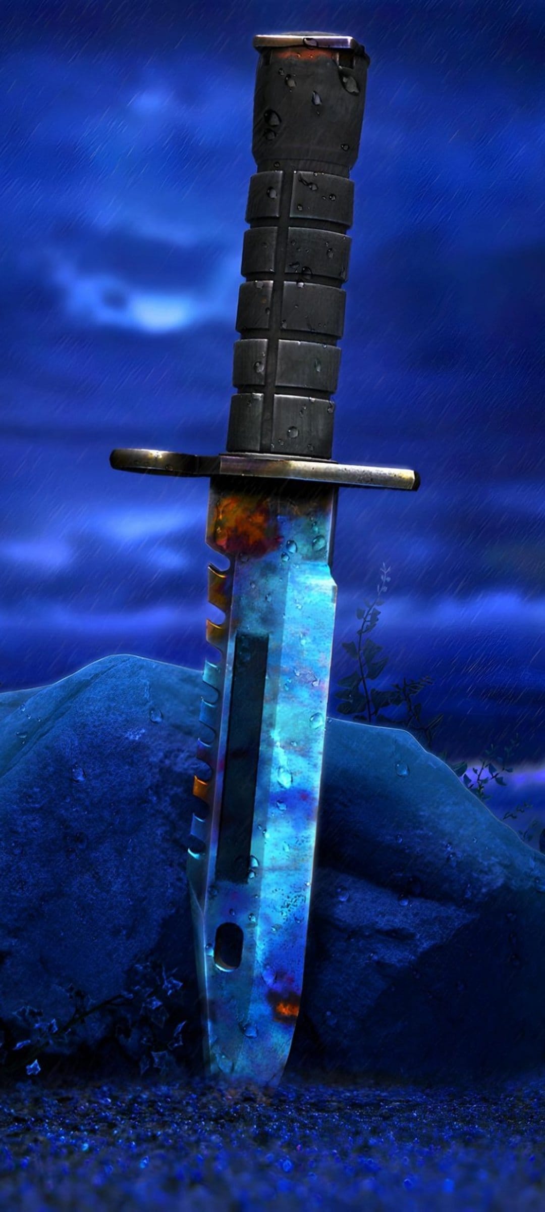 Glowing blue bayonet knife stuck in the earth during a rainy night with dark hills and a moonlit sky.
