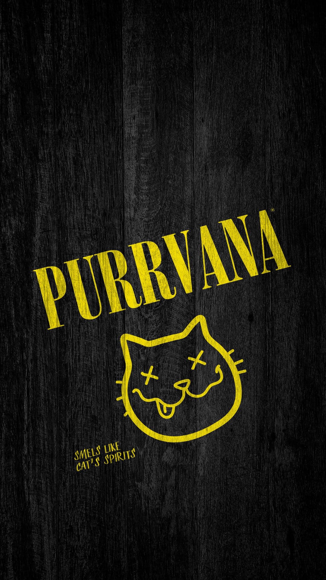 Grinning cat face with crossed-out eyes and tongue out centered on a dark vertical wood grain background.