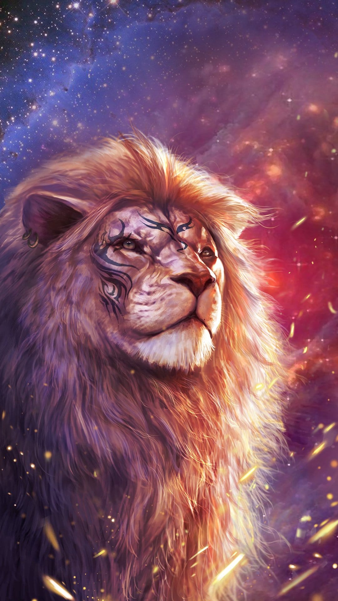 Lion with golden fur and tribal face markings looks upward against a swirling purple and red star-filled nebula.