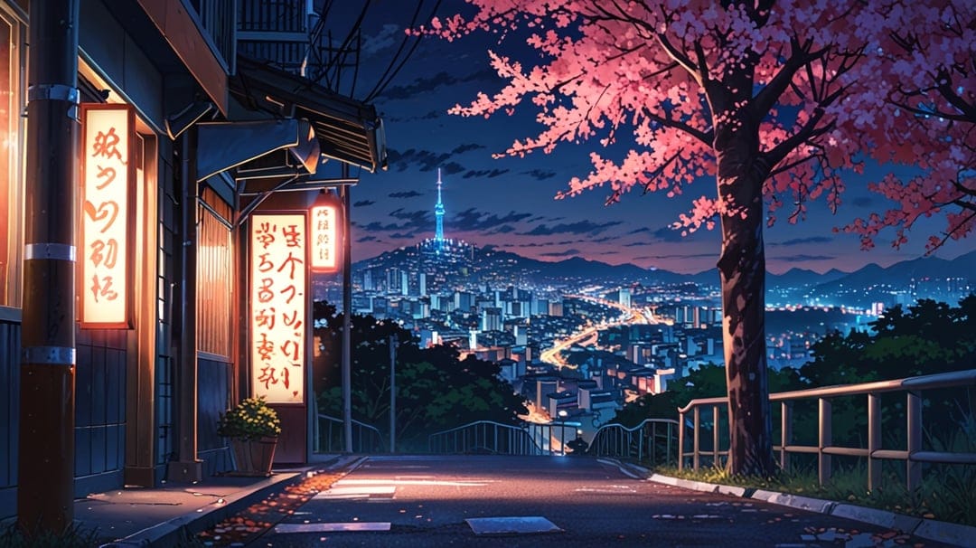 Pink cherry blossom tree overlooks a shimmering night cityscape with glowing lanterns and a distant tower.