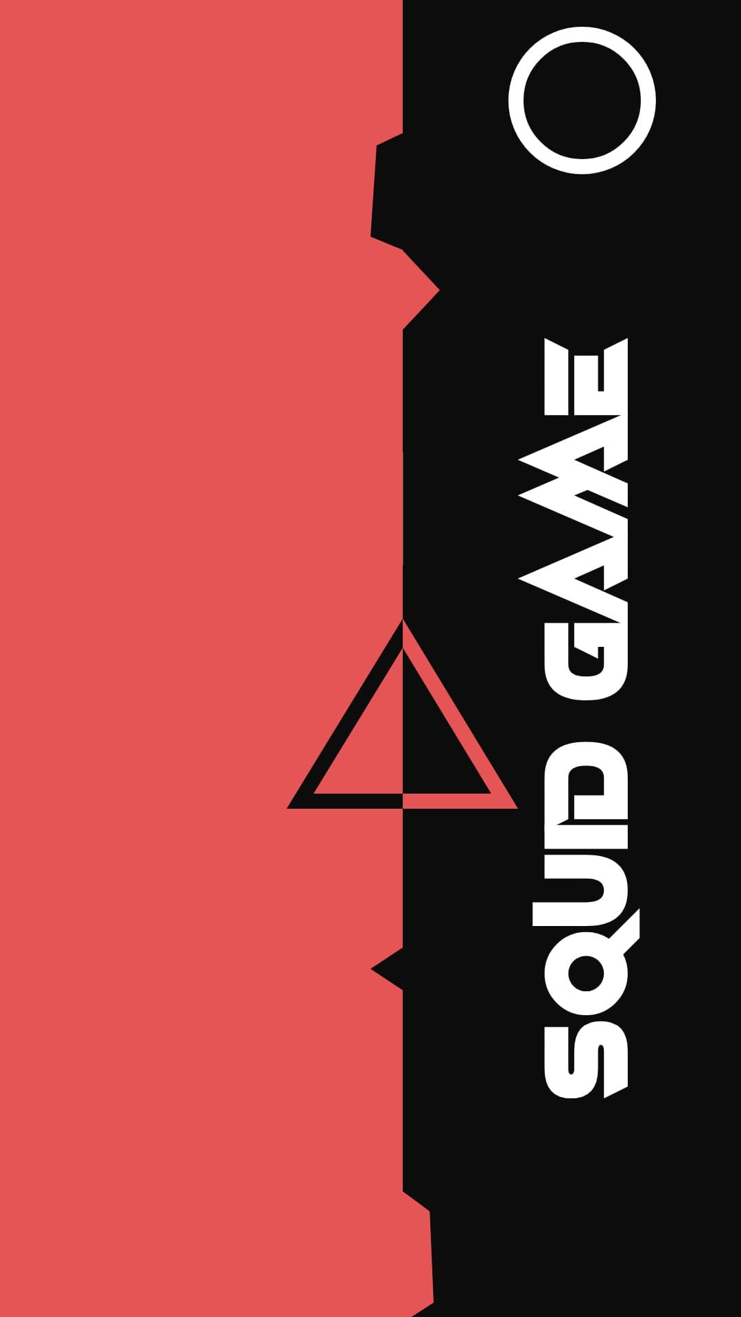 Squid Game circle, triangle, and square symbols centered on a split red and black background with white text.