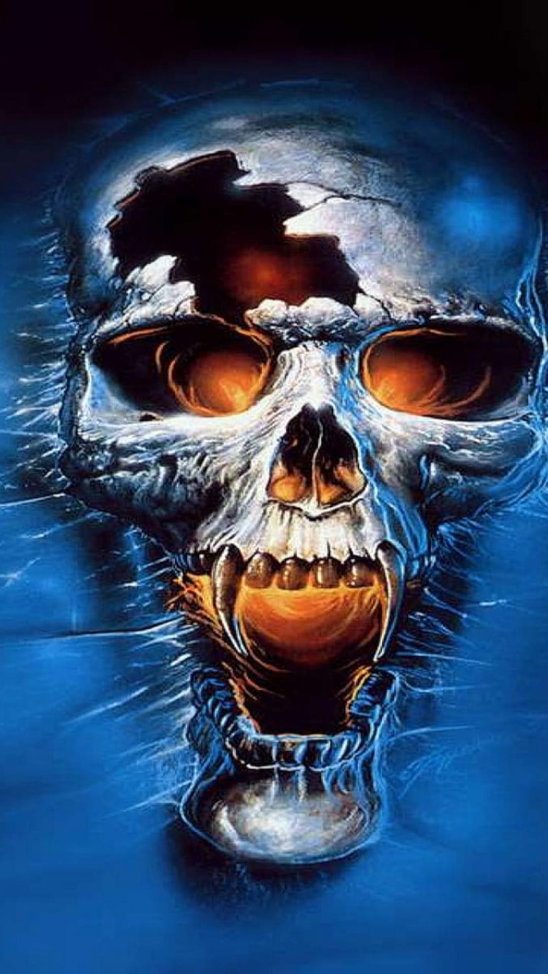 Menacing skull with a cracked forehead exposing orange fire against a swirling electric blue background.
