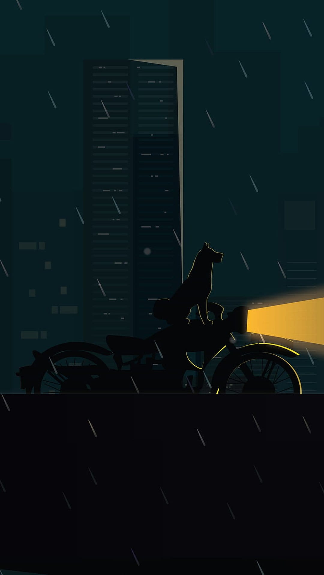Dog silhouette sits on a motorcycle with a glowing headlight in a dark, rainy urban cityscape at night.