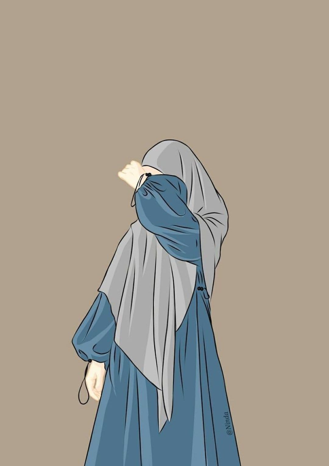 Woman wearing a grey hijab and blue dress covers her weeping eyes with one hand in a minimalist art style.