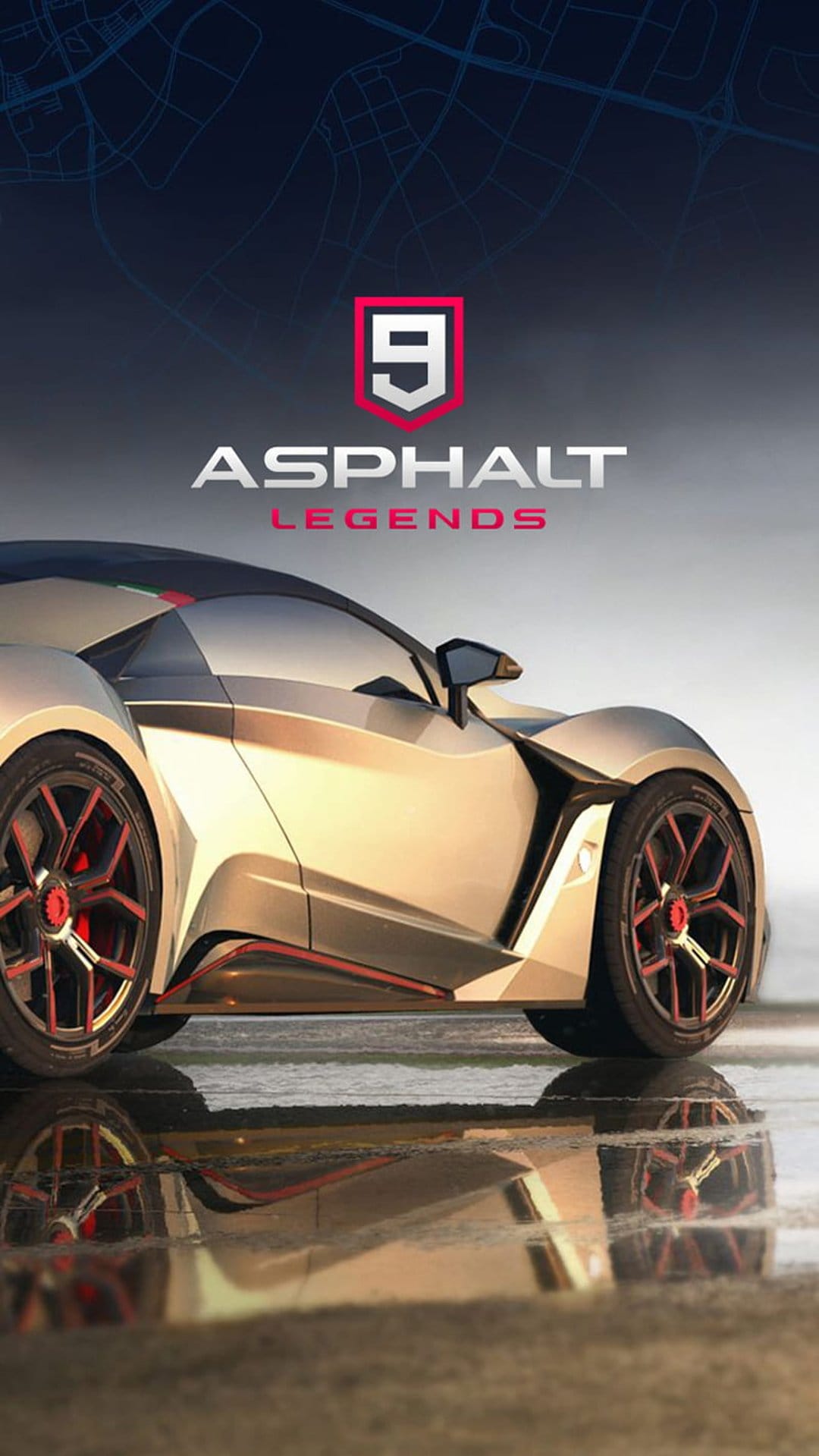 Sleek supercar with red detailing parked on a wet, reflective road with a digital map background overlay.