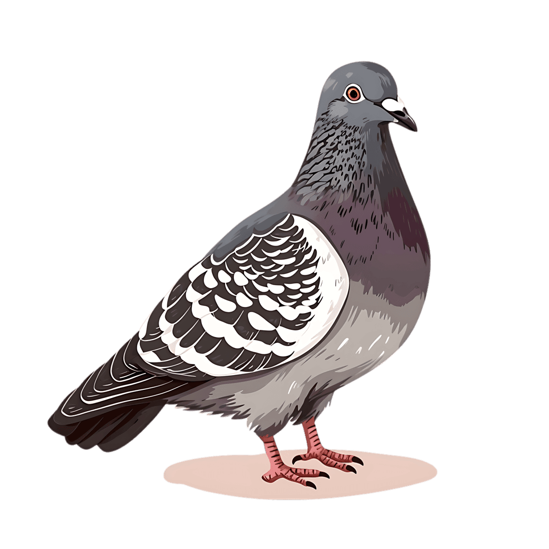 Pigeon digital illustration standing in profile view showing grey feathers, pink legs, and orange eyes.