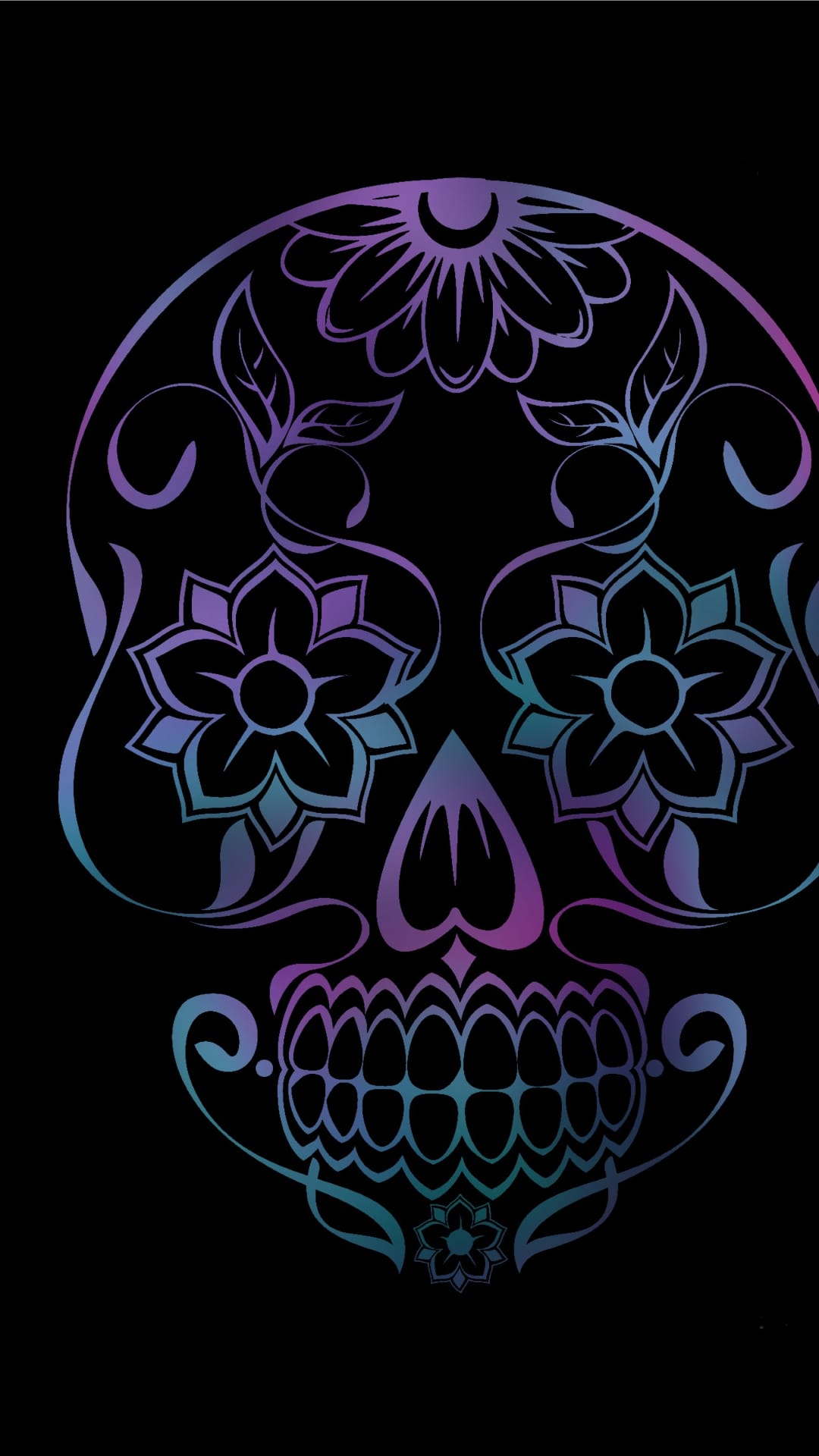 Sugar skull with purple and teal gradient floral patterns and swirling vines set against a solid black background.