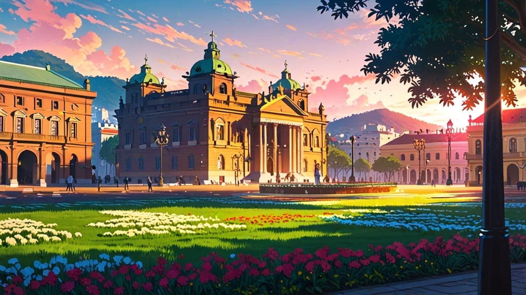 Grand European plaza featuring a stone fountain and domed buildings beneath a vivid orange and purple sunset.