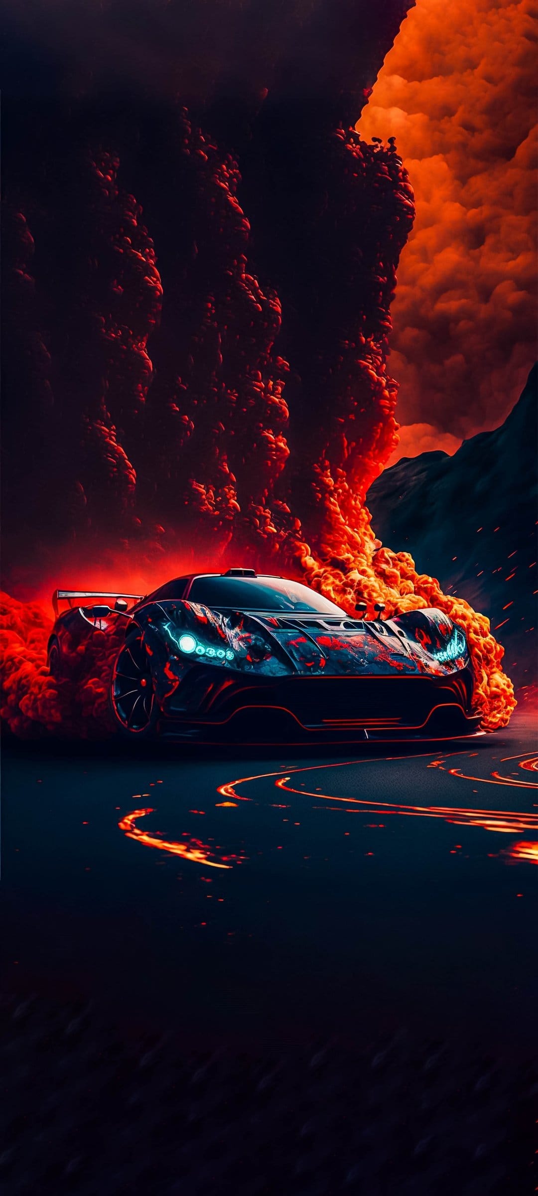 Sleek hypercar racing on dark asphalt while surrounded by flowing lava and a massive volcanic eruption plume.