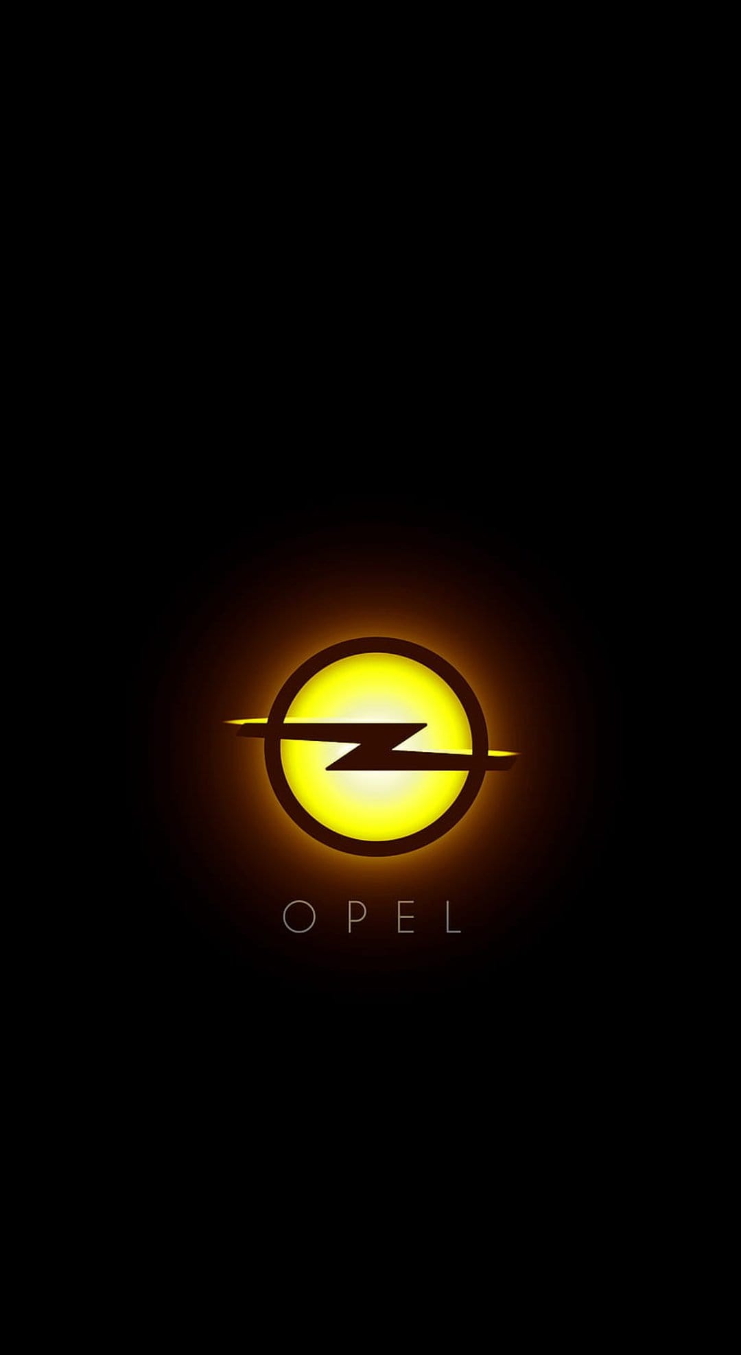 Opel lightning bolt emblem in yellow with a golden halo effect above white text on a solid black backdrop.