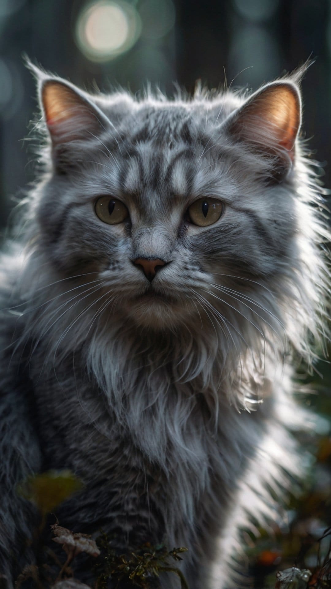 Maine Coon cat with long gray fur and yellow eyes sits in a sunlit forest with a soft blurred background.