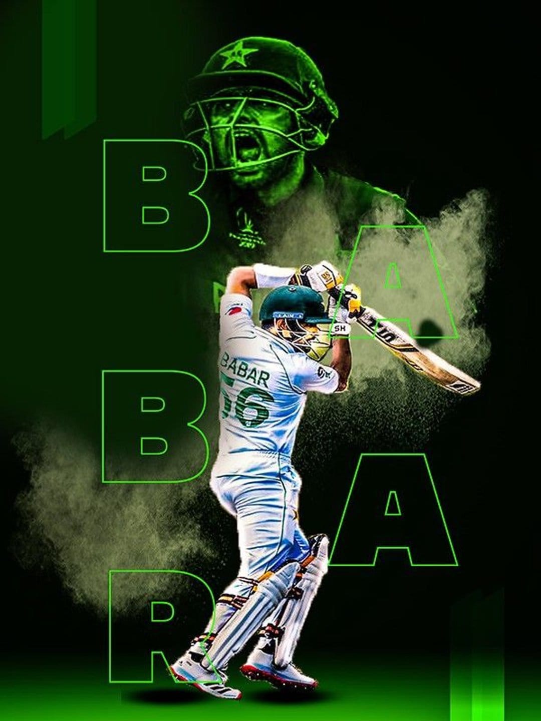 Babar Azam in a batting stance wearing a white jersey beside neon green text on a dark emerald background.