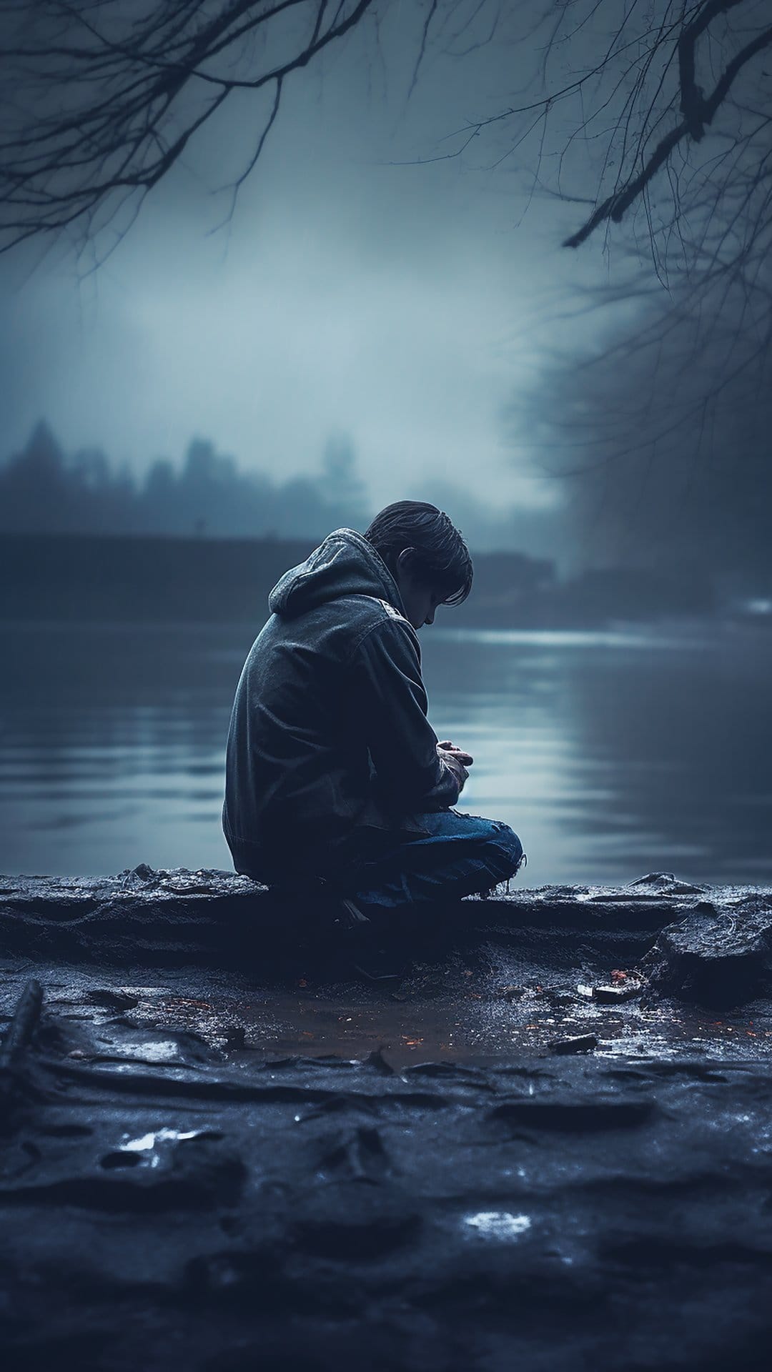 Young person in a hood sitting on a dark shore by a foggy lake with silhouetted branches in the background.