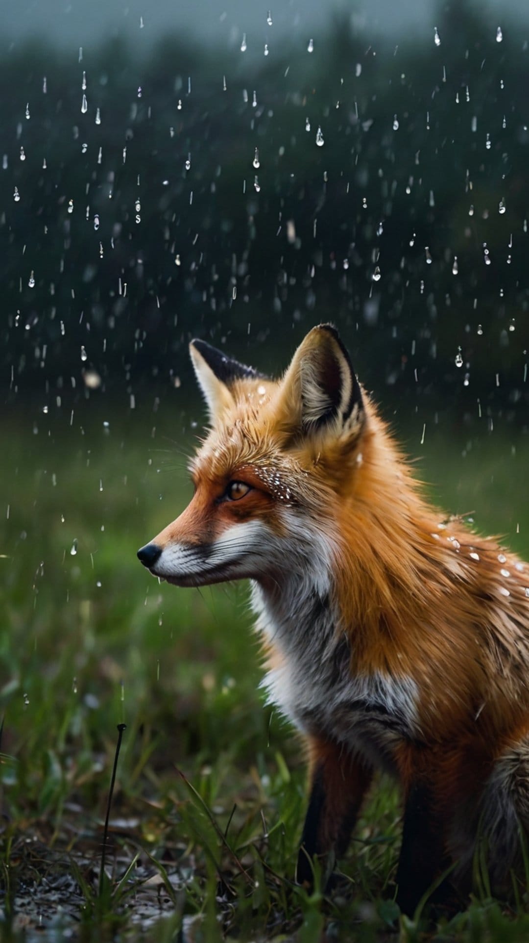Red fox with wet fur looking sideways in a rainy forest clearing with a blurred green background.
