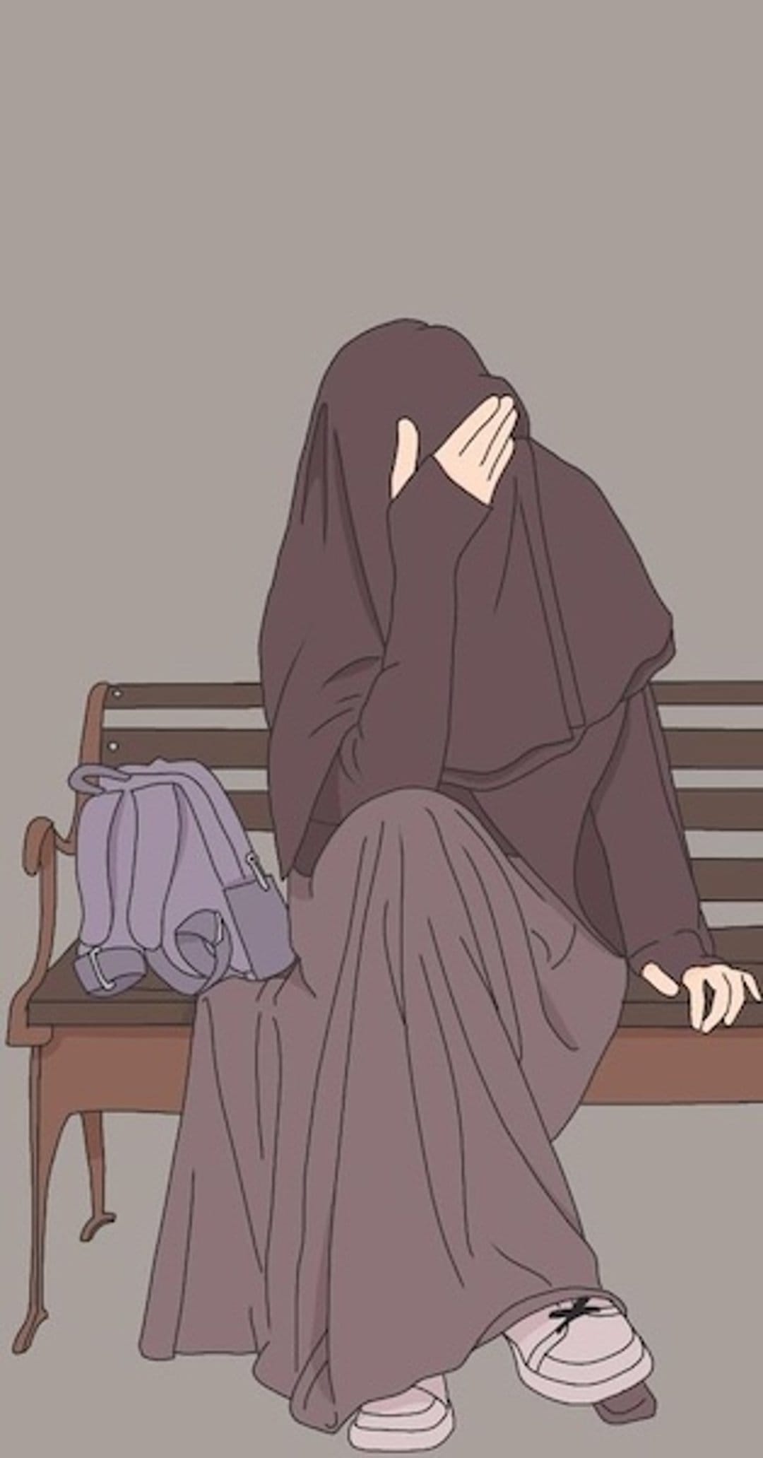 Woman in a hijab hides her face while sitting on a park bench next to a purple backpack in a somber setting.