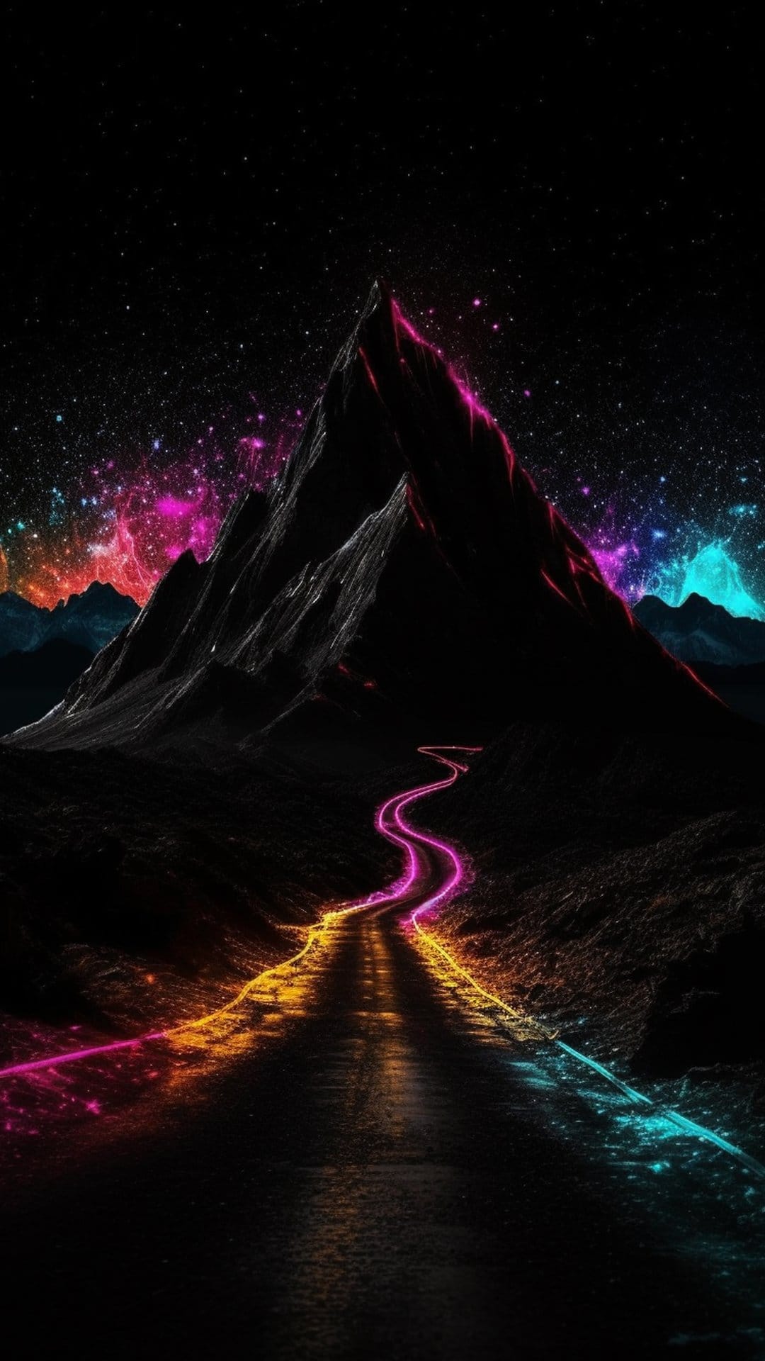 Winding road with glowing cyan edges leads toward dark mountain peaks under a pink and orange nebula-filled sky.