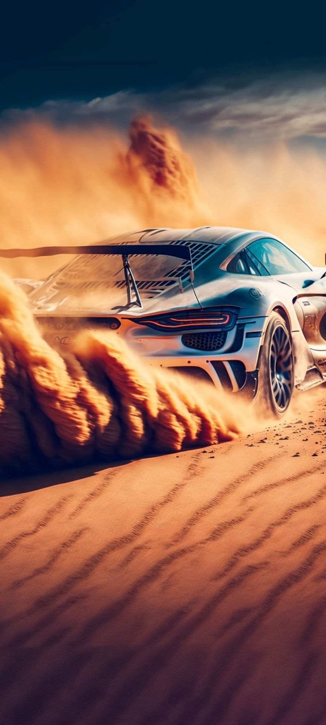 Sleek sports car kicks up a thick plume of sand while racing across golden dunes under a dark sunset sky.