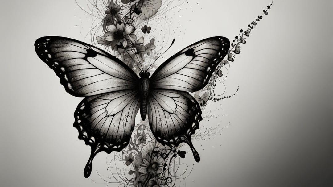 Butterfly with patterned wings surrounded by swirling floral vines and ink stippling in black and white tones.