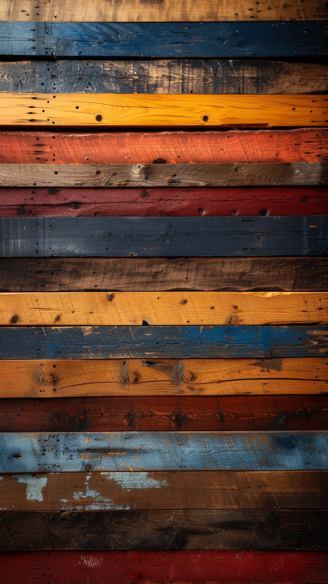 Distressed wood planks in blue, yellow, and red display peeling paint and natural grain on a vertical surface.
