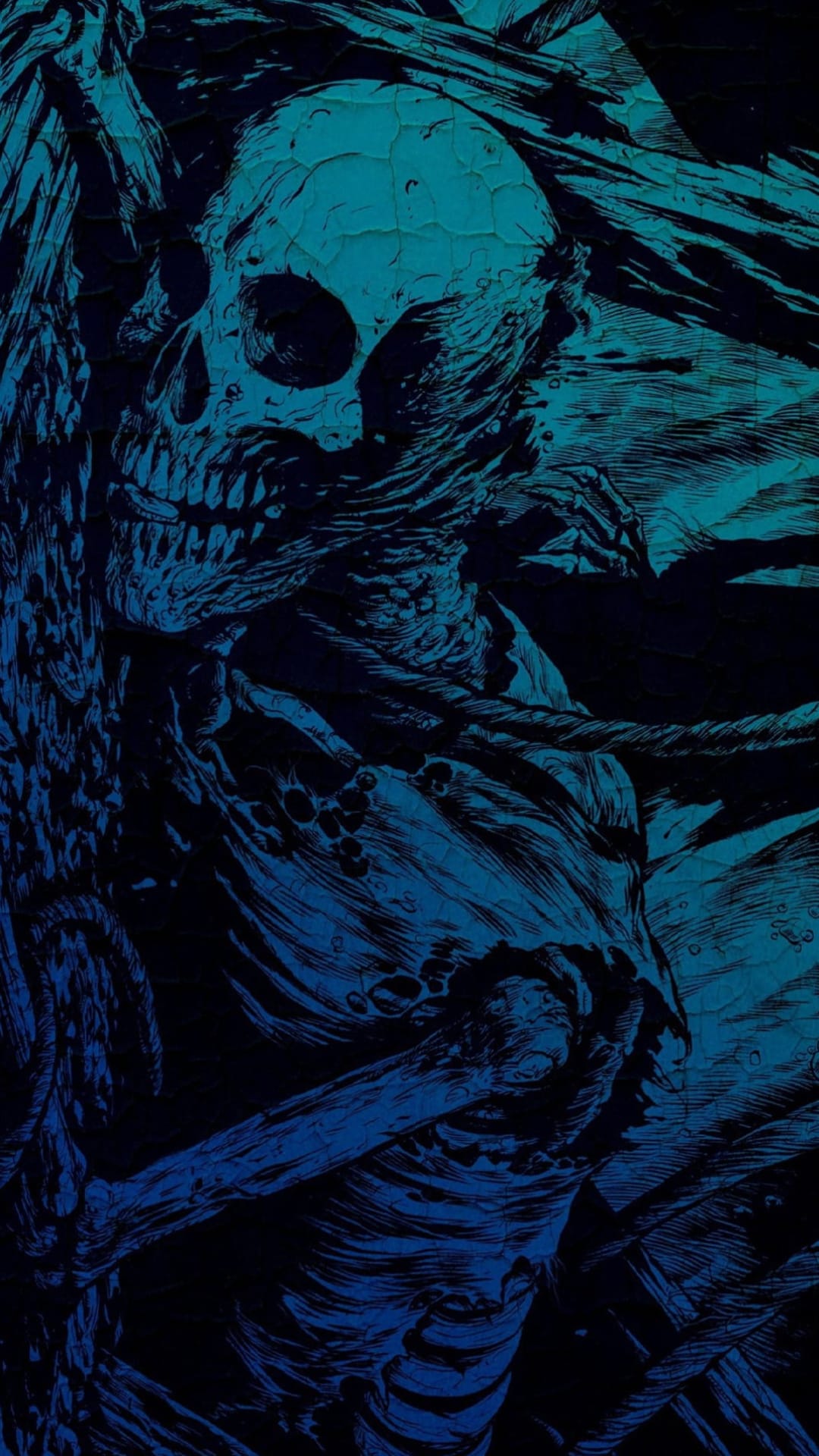Skeleton with a cracked skull and heavy rope coils around its torso against a dark blue and black background.