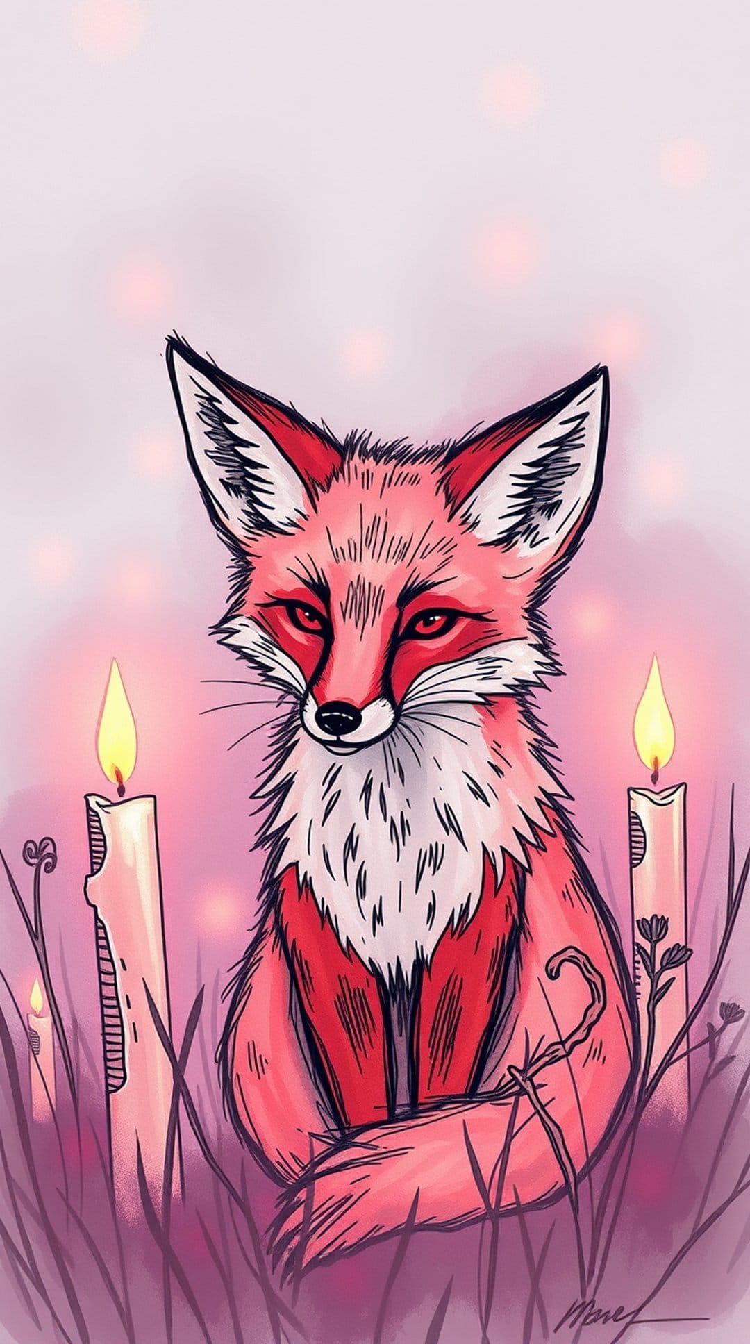 Red fox with ruby eyes sits between two burning candles in tall grass against a soft pink bokeh background.
