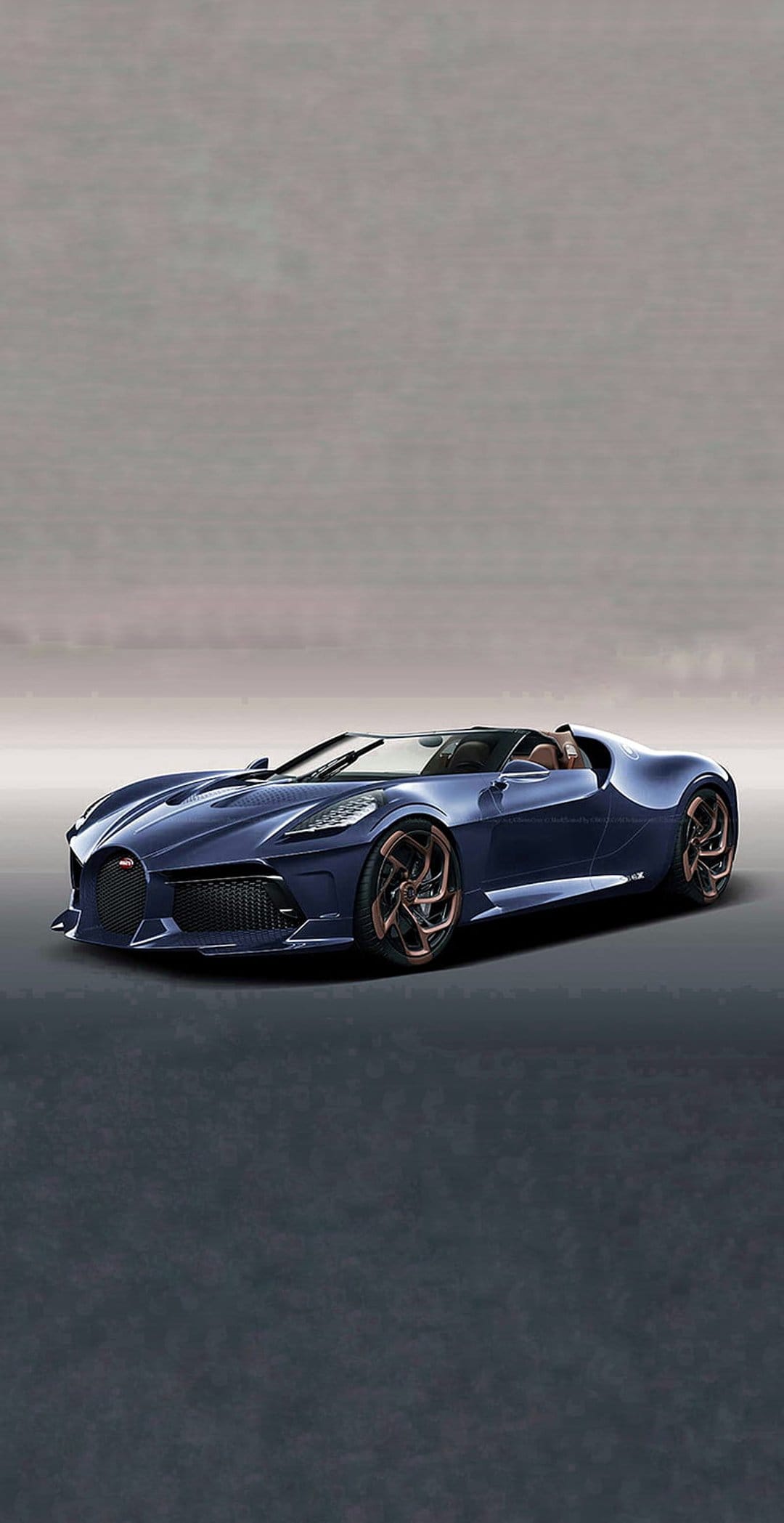 Dark blue Bugatti Divo Roadster with bronze wheels and an open-top design viewed from a low-angle perspective.