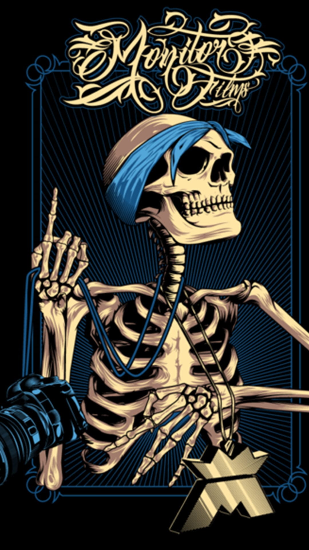 Skeleton wearing a blue bandana and gold pendant holding a camera against a radiating blue and black background.