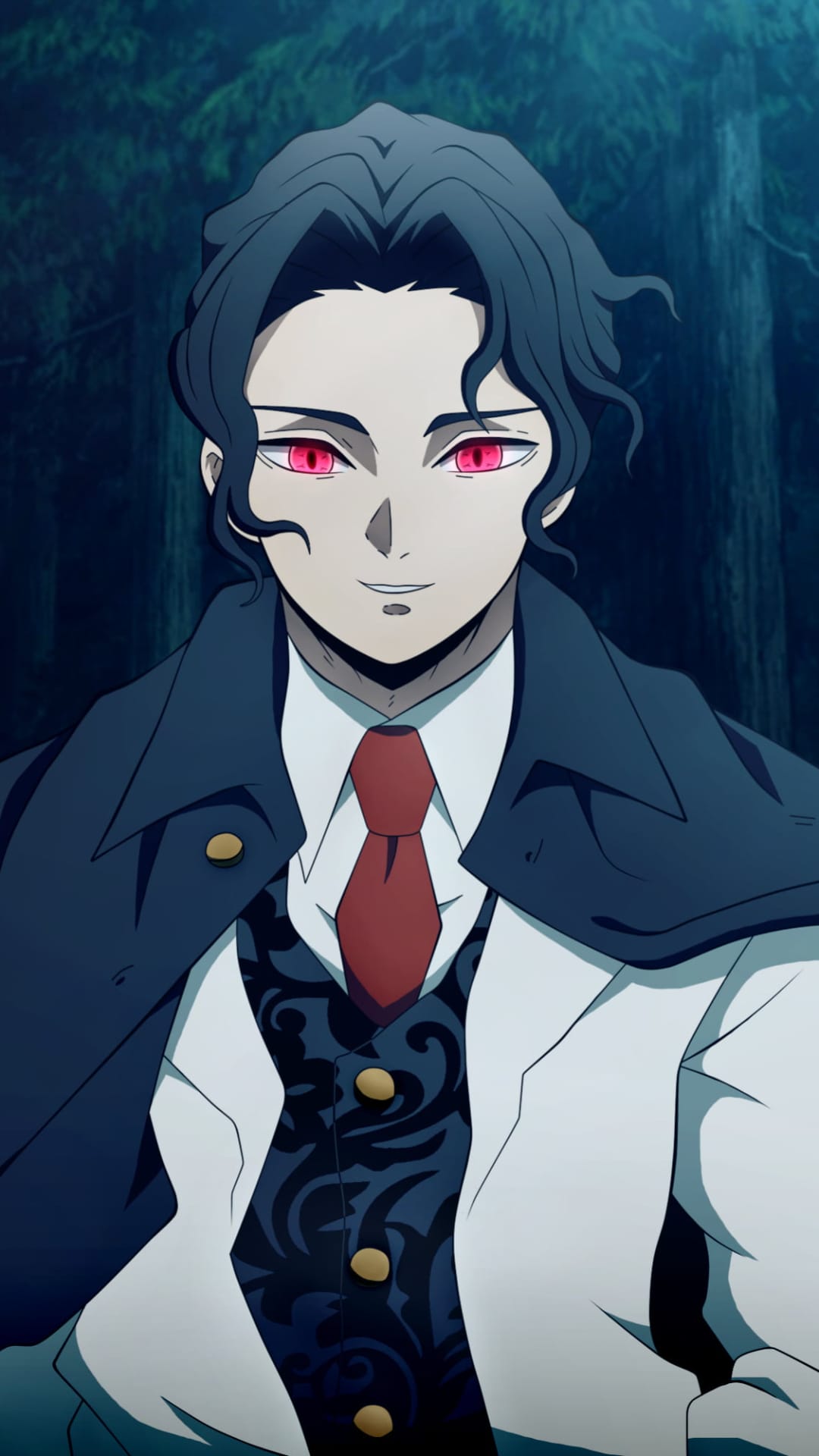 Muzan Kibutsuji with glowing red eyes and dark wavy hair wears a formal suit while standing in a dark forest.